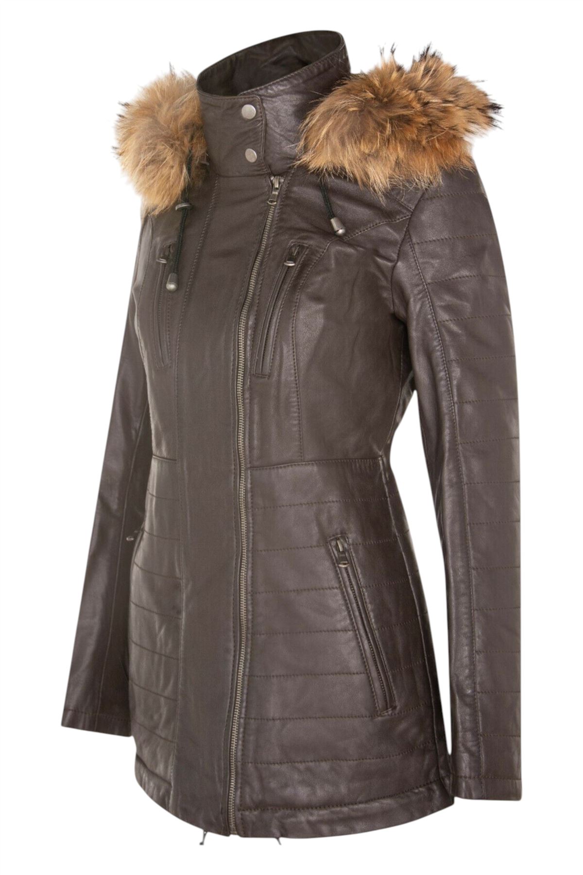 Womens Quilted Leather Parka Jacket-Winton - Picture 23 of 31