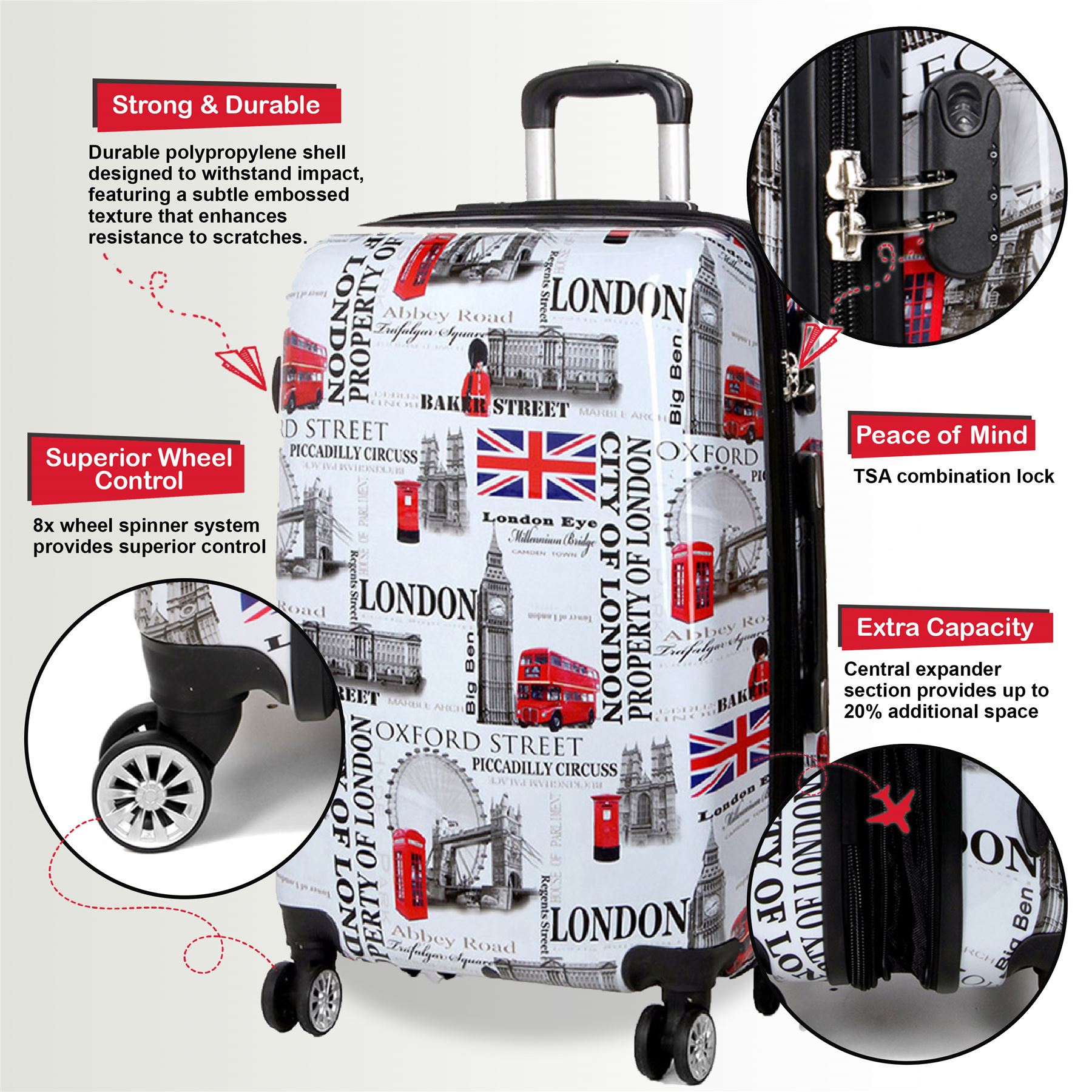 Juego de maletas rígidas expandibles fuertes de 8 ruedas con estampado equipaje cabina bolsa de viaje - Imagen 4 de 12