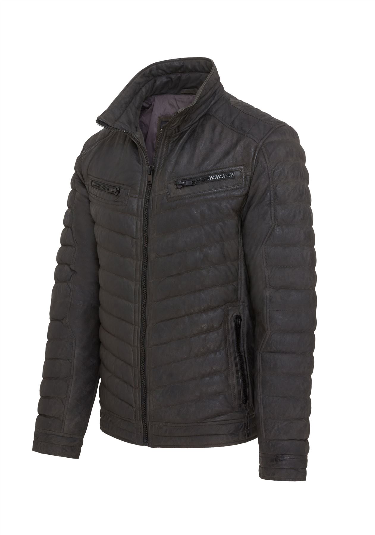 Men's Puffer Leather Biker Jacket Quilted Vintage Warm Bomber Jacket - Picture 10 of 25