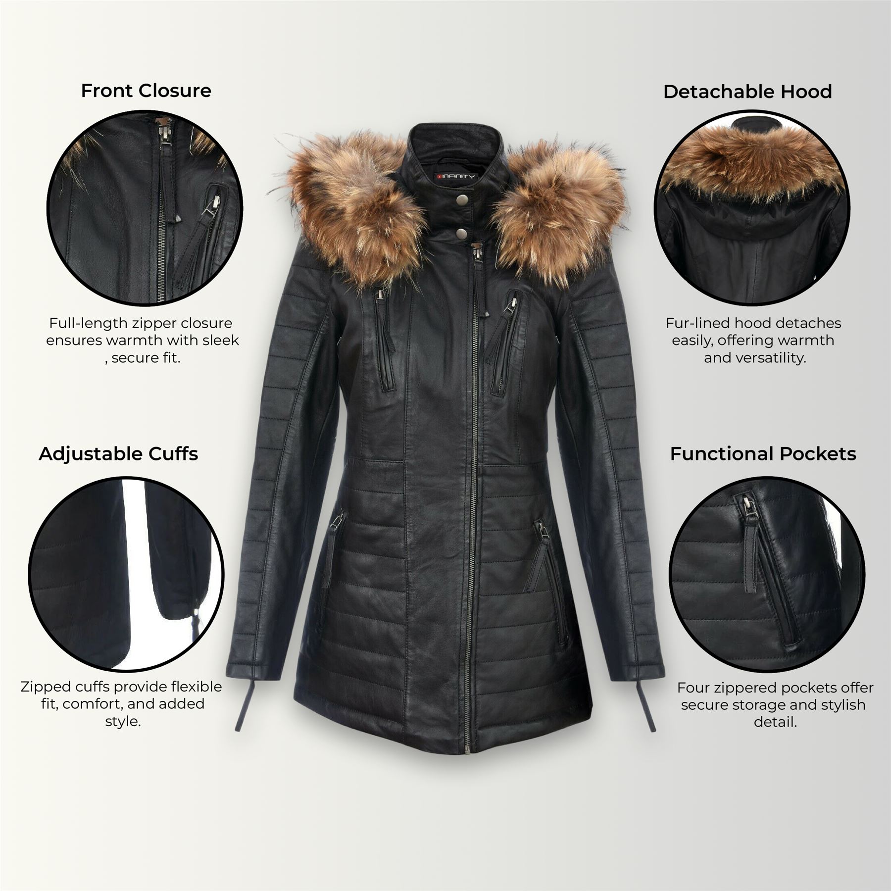 Womens Quilted Leather Parka Jacket-Winton - Picture 9 of 31