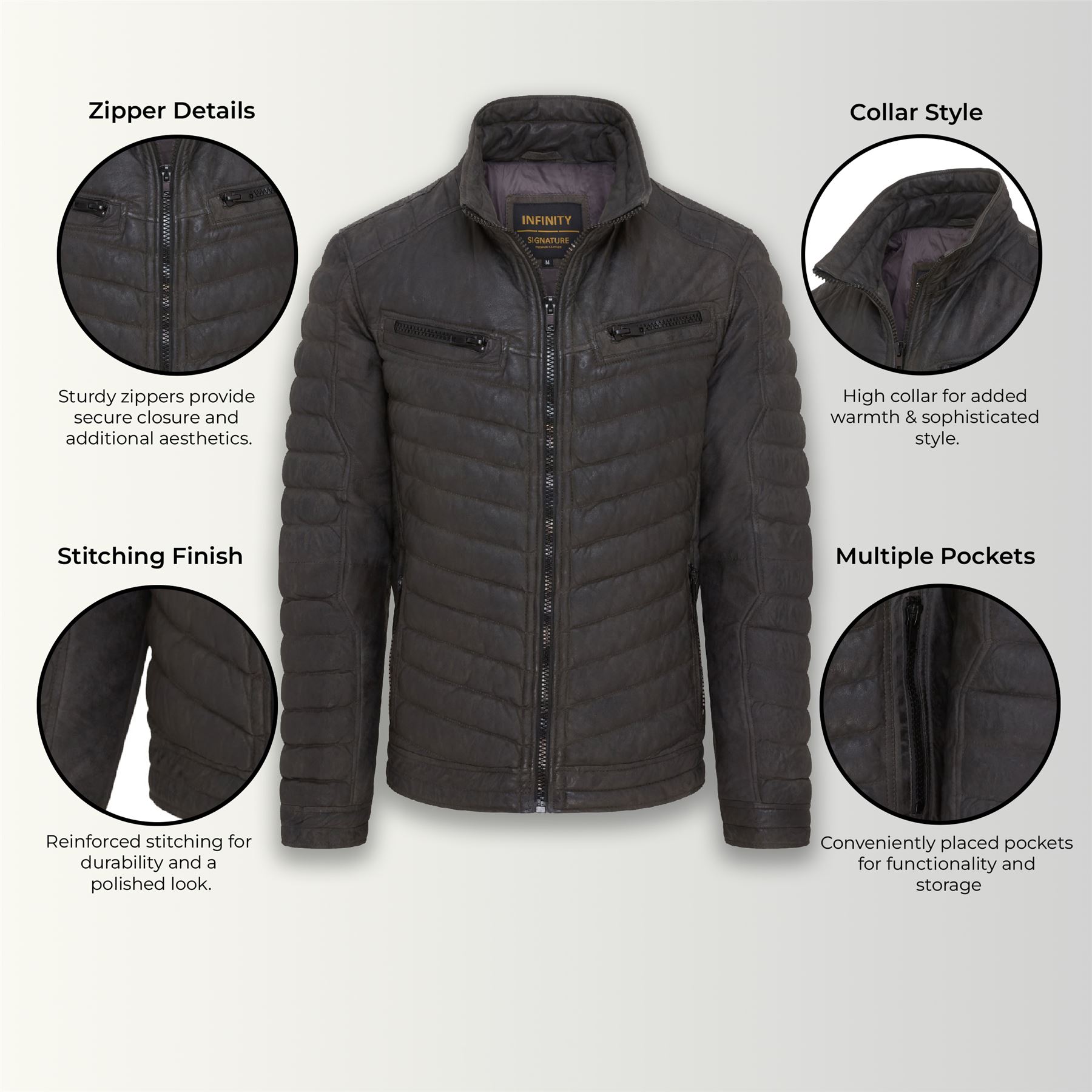Men's Puffer Leather Biker Jacket Quilted Vintage Warm Bomber Jacket - Picture 9 of 25