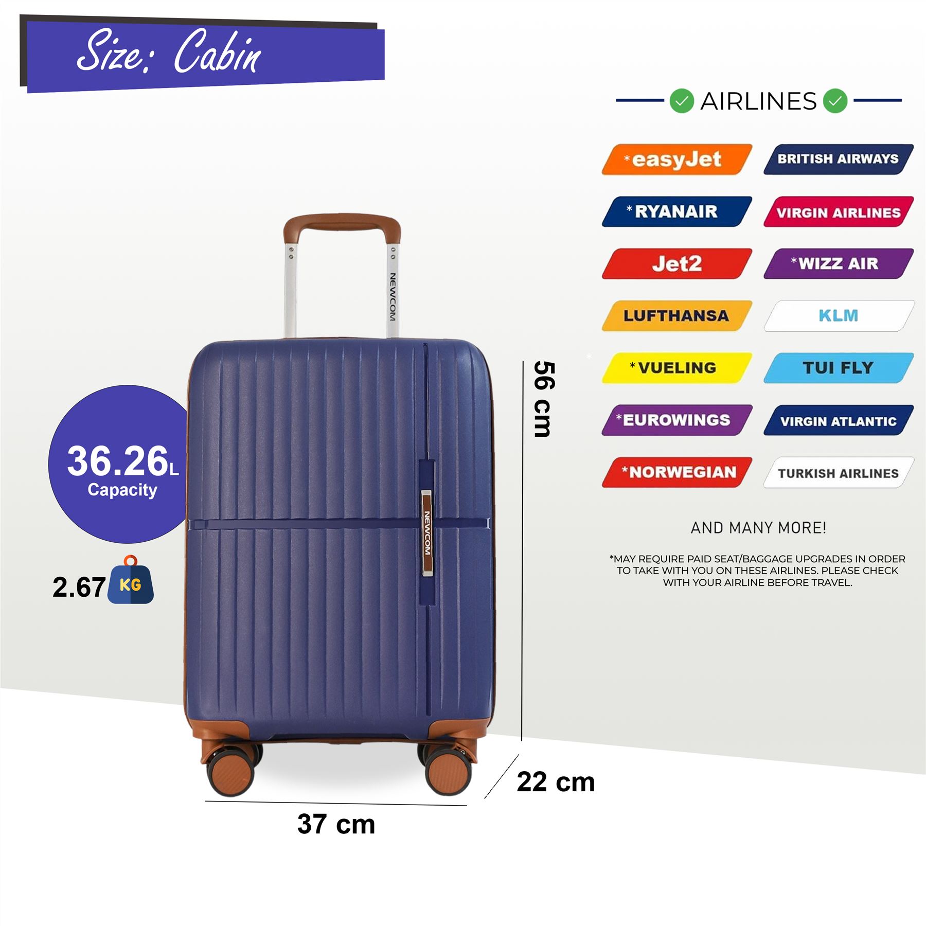 Hard Shell Cabin 37 x 22 x 56 cm PP Luggage Suitable for Easyjet, Ryanair - Picture 15 of 31