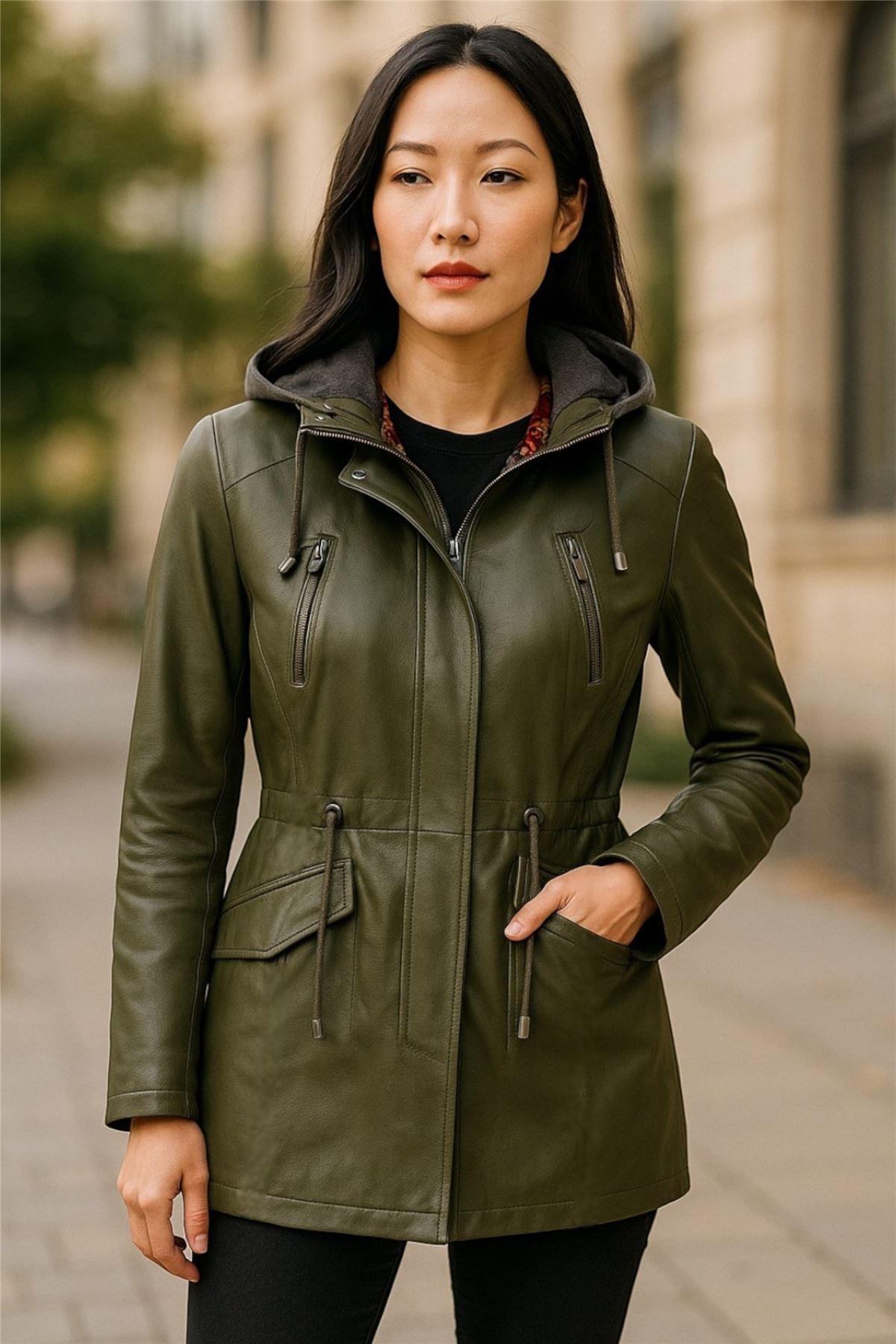 Women's Leather Hooded Parker Jacket Multi-Pocket Trench Coat - Picture 26 of 26