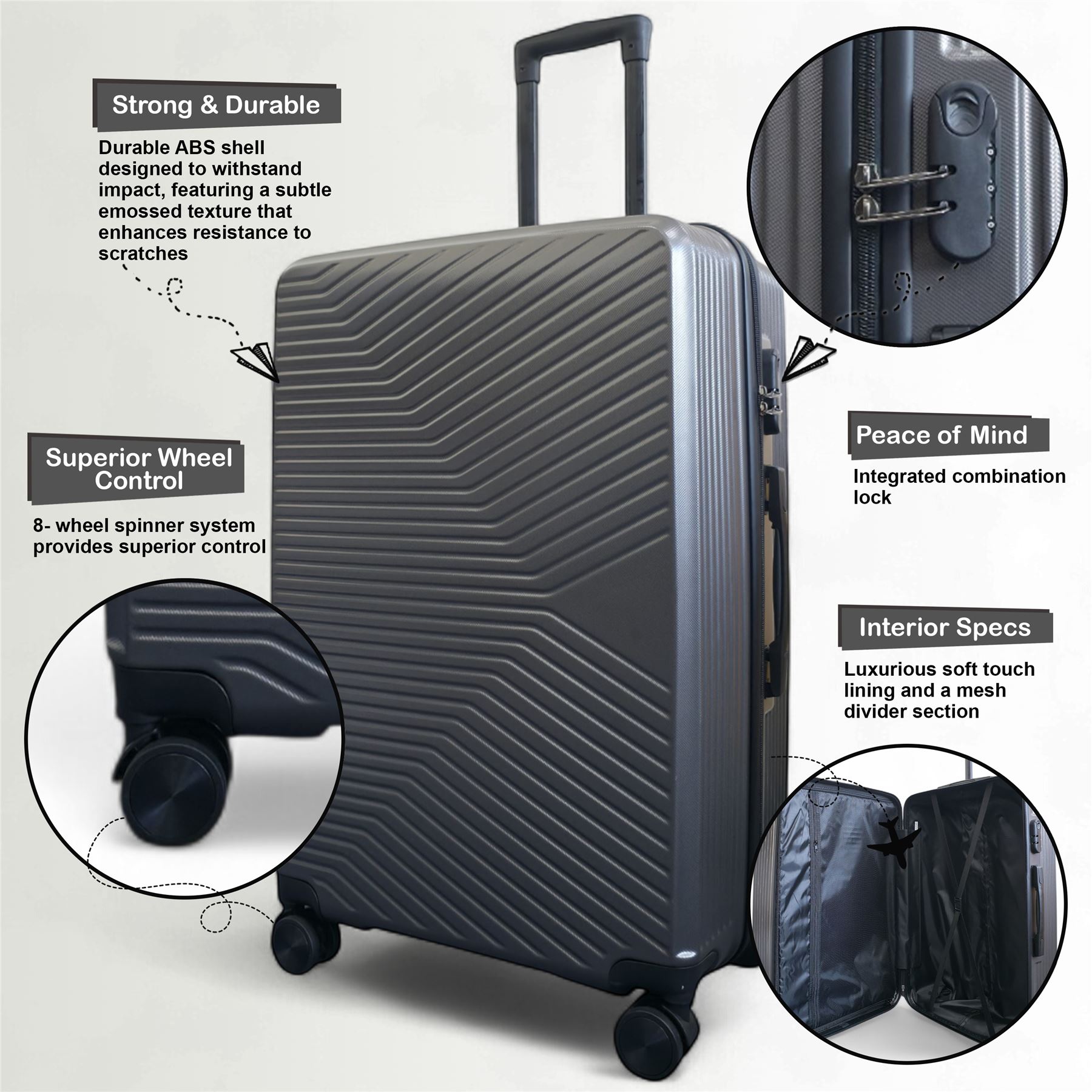 Strong Secure Grey Hardshell Grey Set Dual 4 Wheel ABS Trolley Cabin Suitcase - Picture 13 of 31
