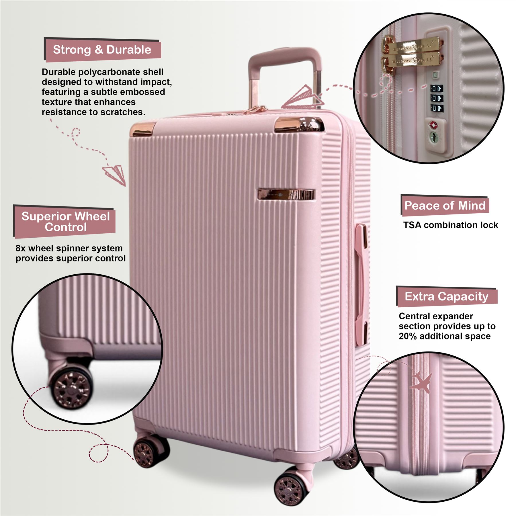 Expandable Rose Gold Hard Shell 8-Wheel Travel Suitcase Set Durable Cabin Bag - Picture 34 of 35