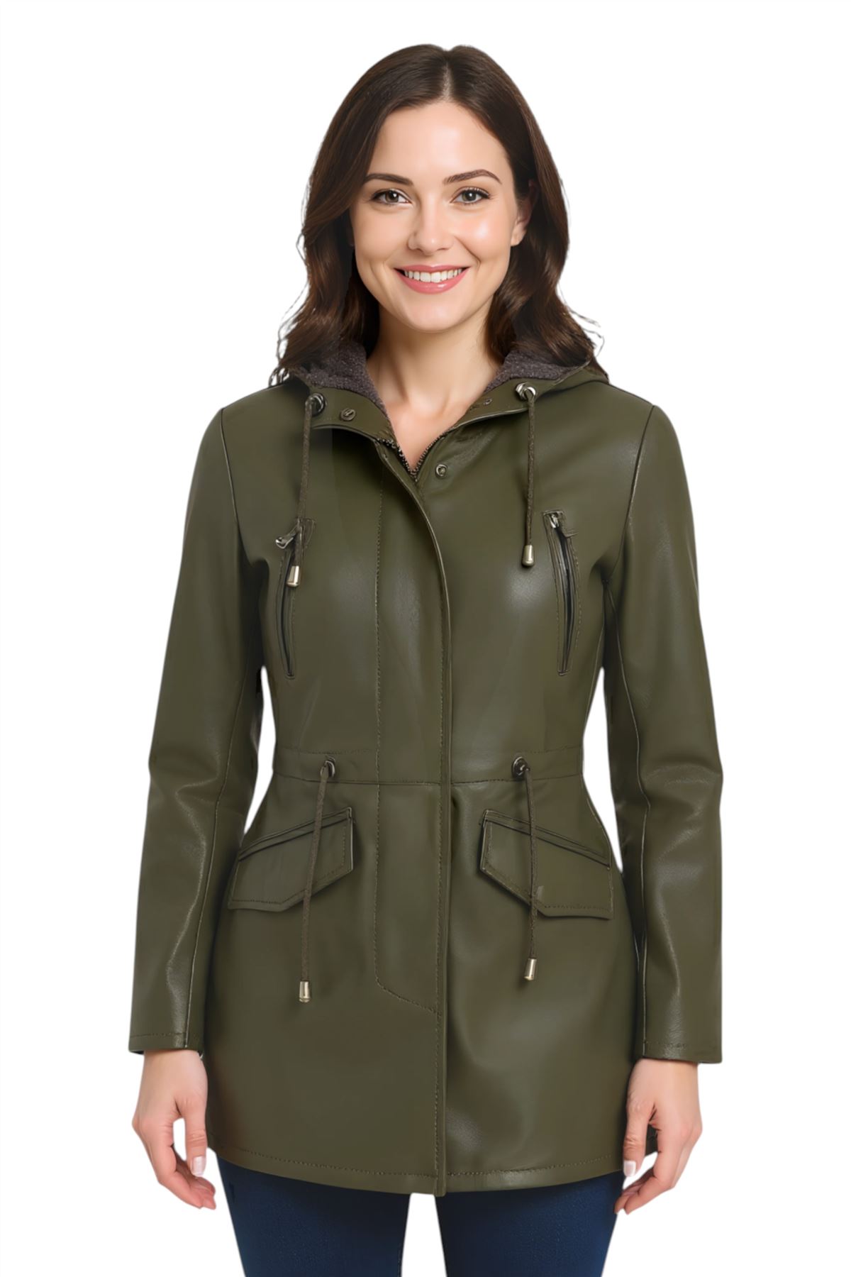 Women's Leather Hooded Parker Jacket Multi-Pocket Trench Coat - Picture 24 of 26