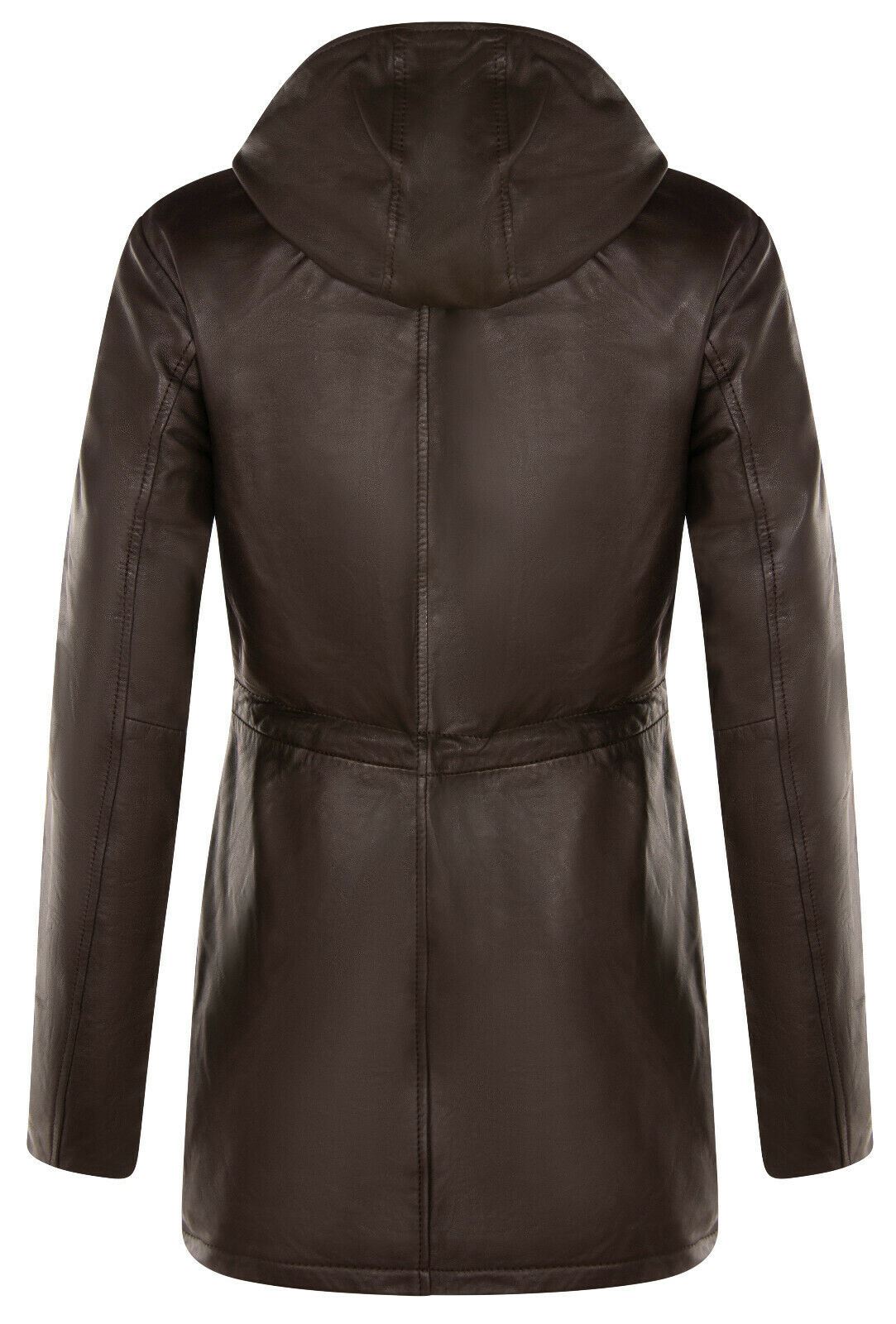 Women's Leather Hooded Parker Jacket Multi-Pocket Trench Coat - Picture 17 of 26
