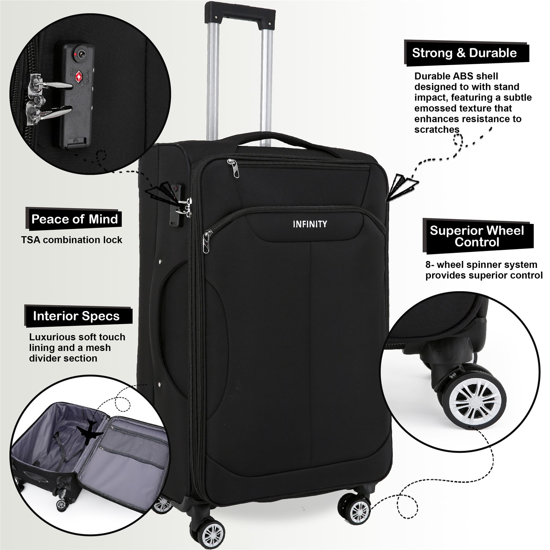 Black Soft Suitcase 8 Wheel Luggage Set TSA , Bag - Picture 28 of 32