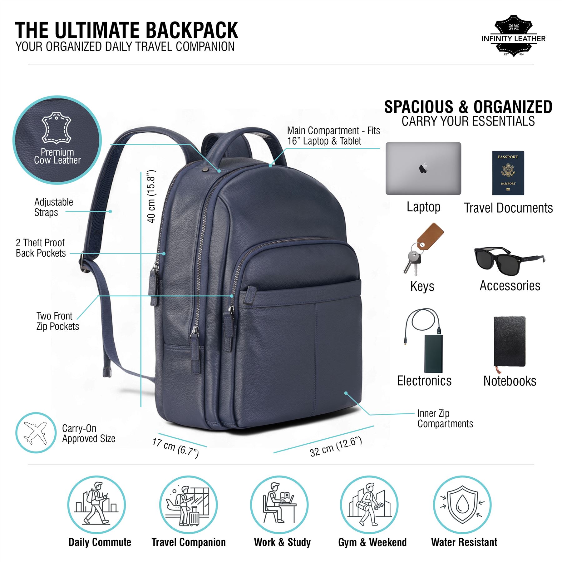 Mochila de Cuero Mochila Genuina Vintage Laptop Viaje Bolso de Hombro Unisex - Imagen 19 de 24