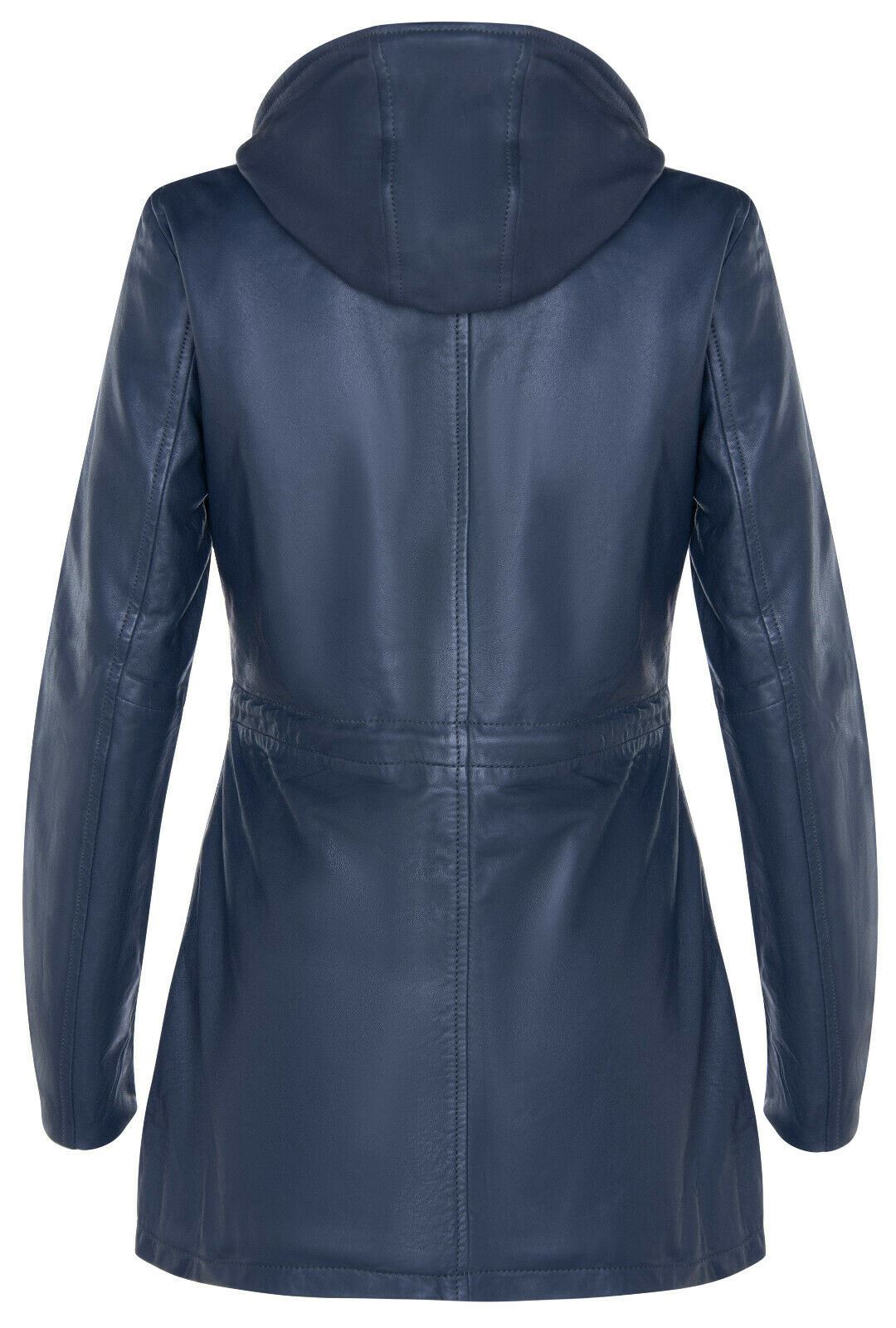 Women's Leather Hooded Parker Jacket Multi-Pocket Trench Coat - Picture 11 of 26