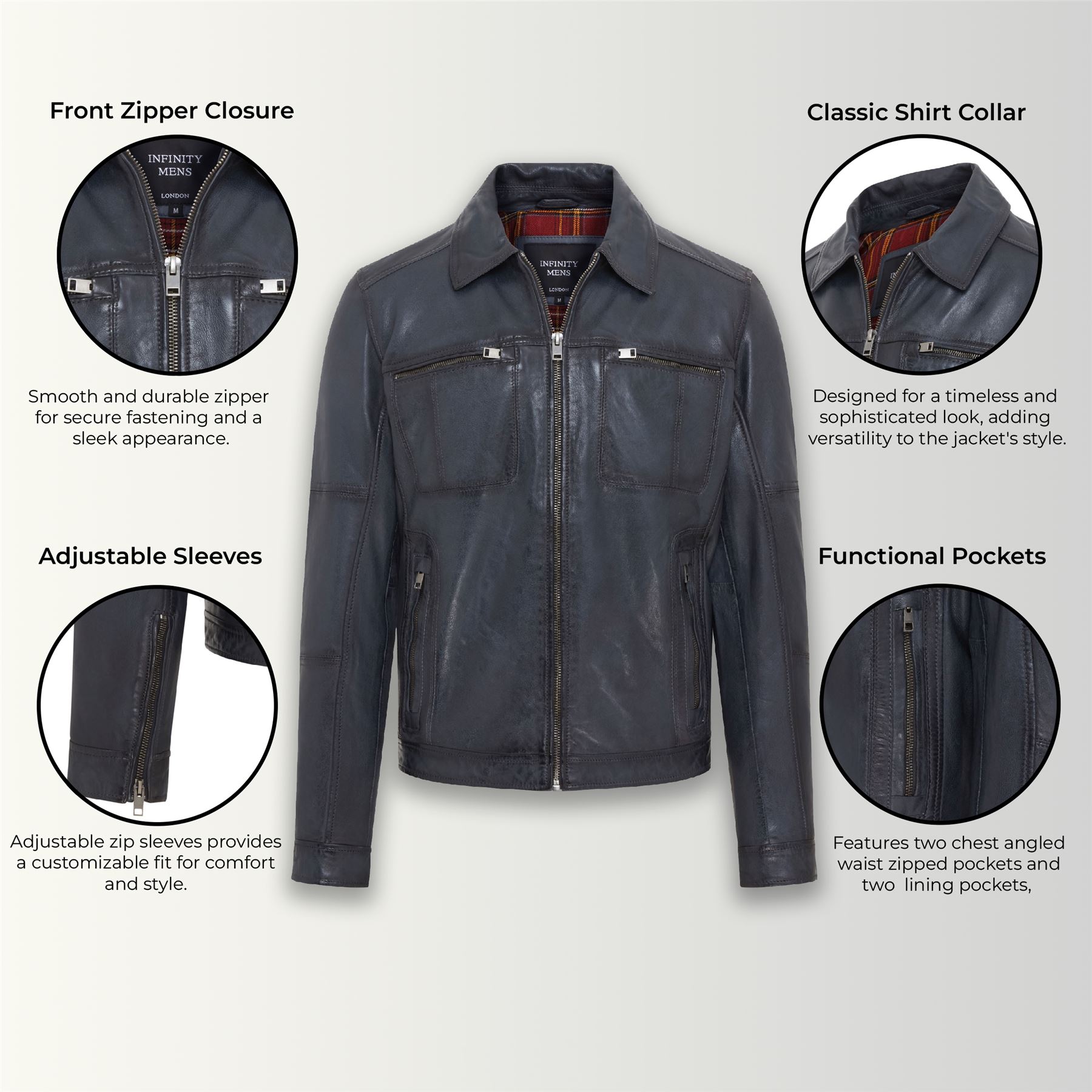 Men's Classic Leather Biker Jacket Vintage Short Leather Motorcycle Jacket - Picture 9 of 19