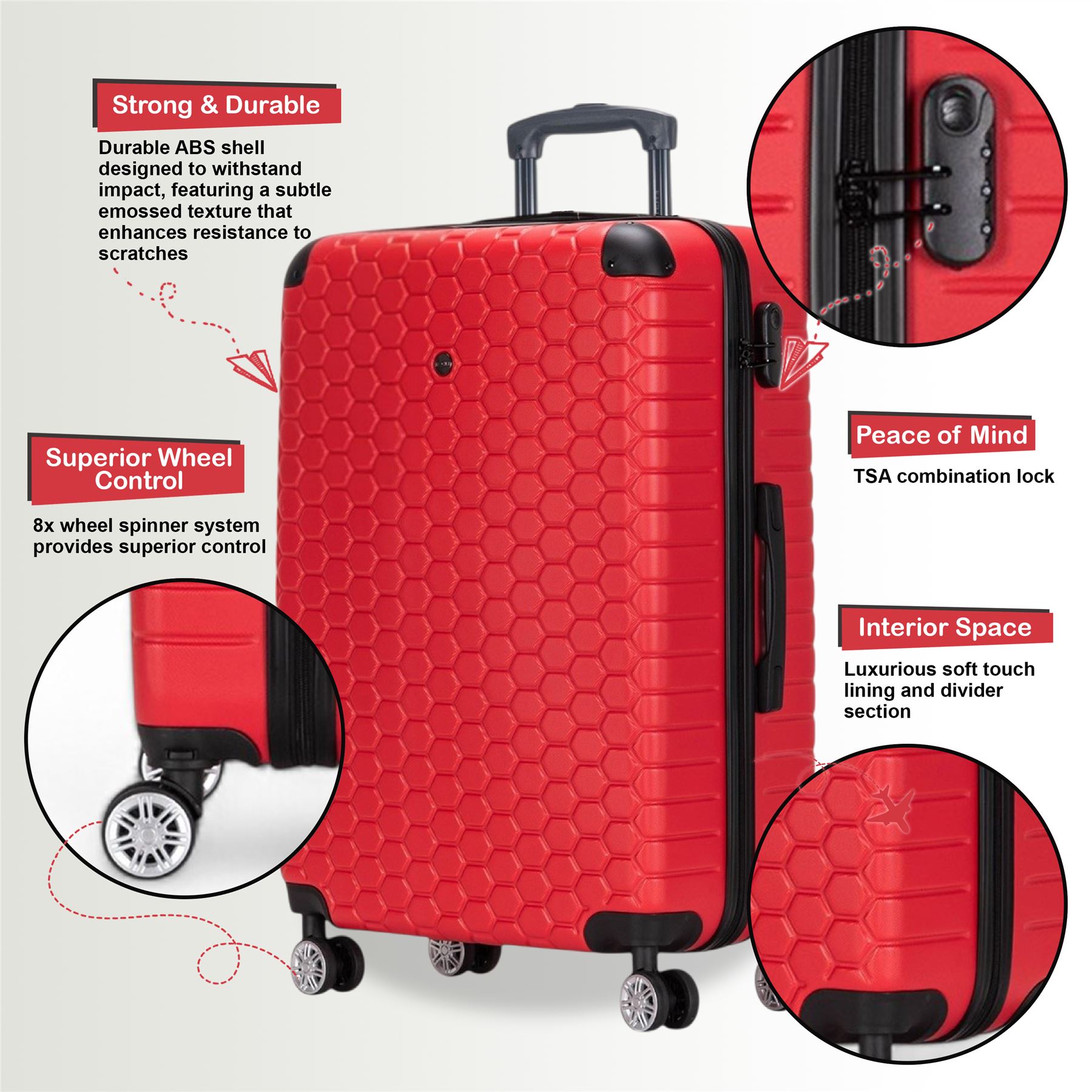 Hard Shell Red ABS 8 Wheel Luggage Travel Cabin Suitcase Set - Picture 27 of 37