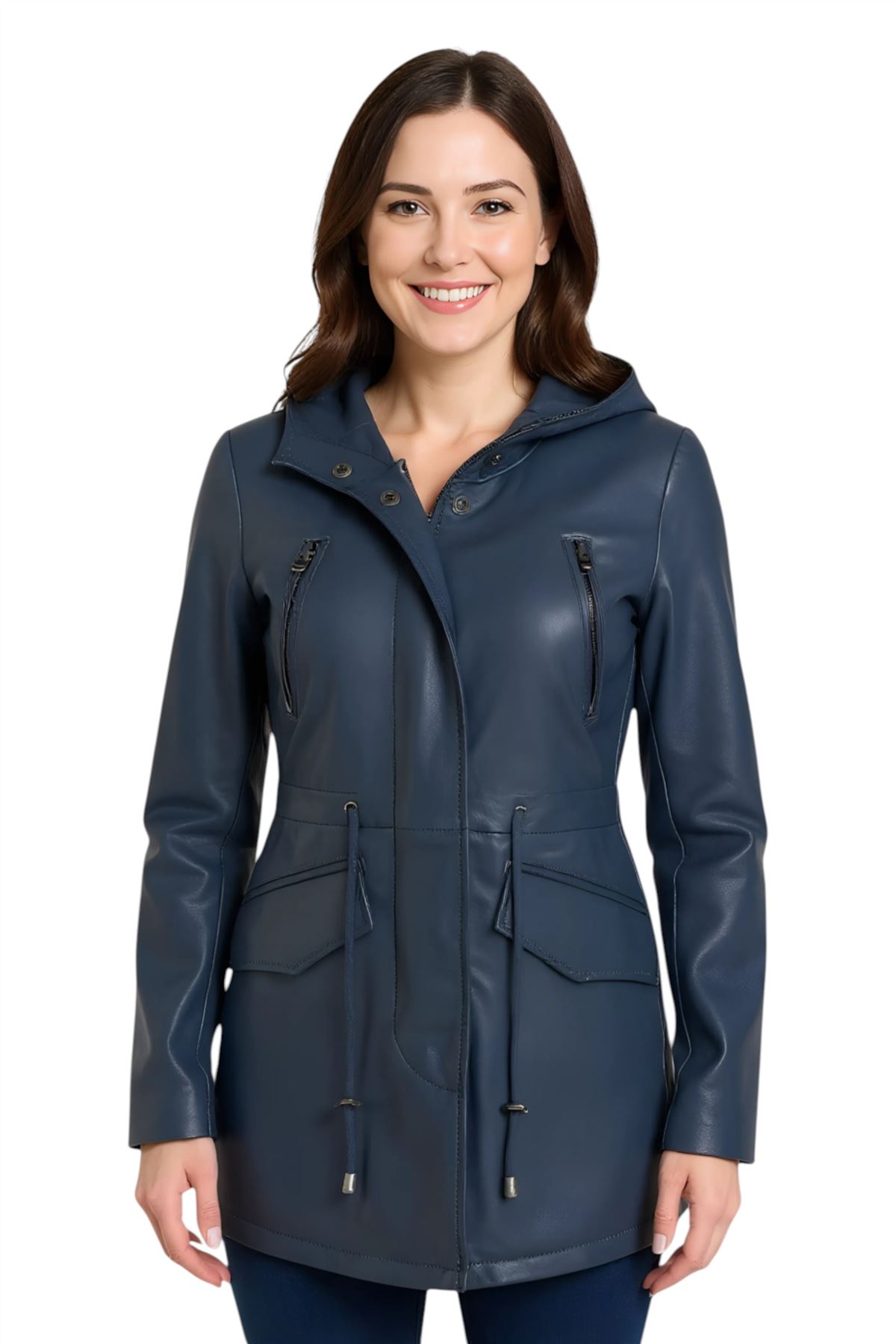 Women's Leather Hooded Parker Jacket Multi-Pocket Trench Coat - Picture 12 of 26