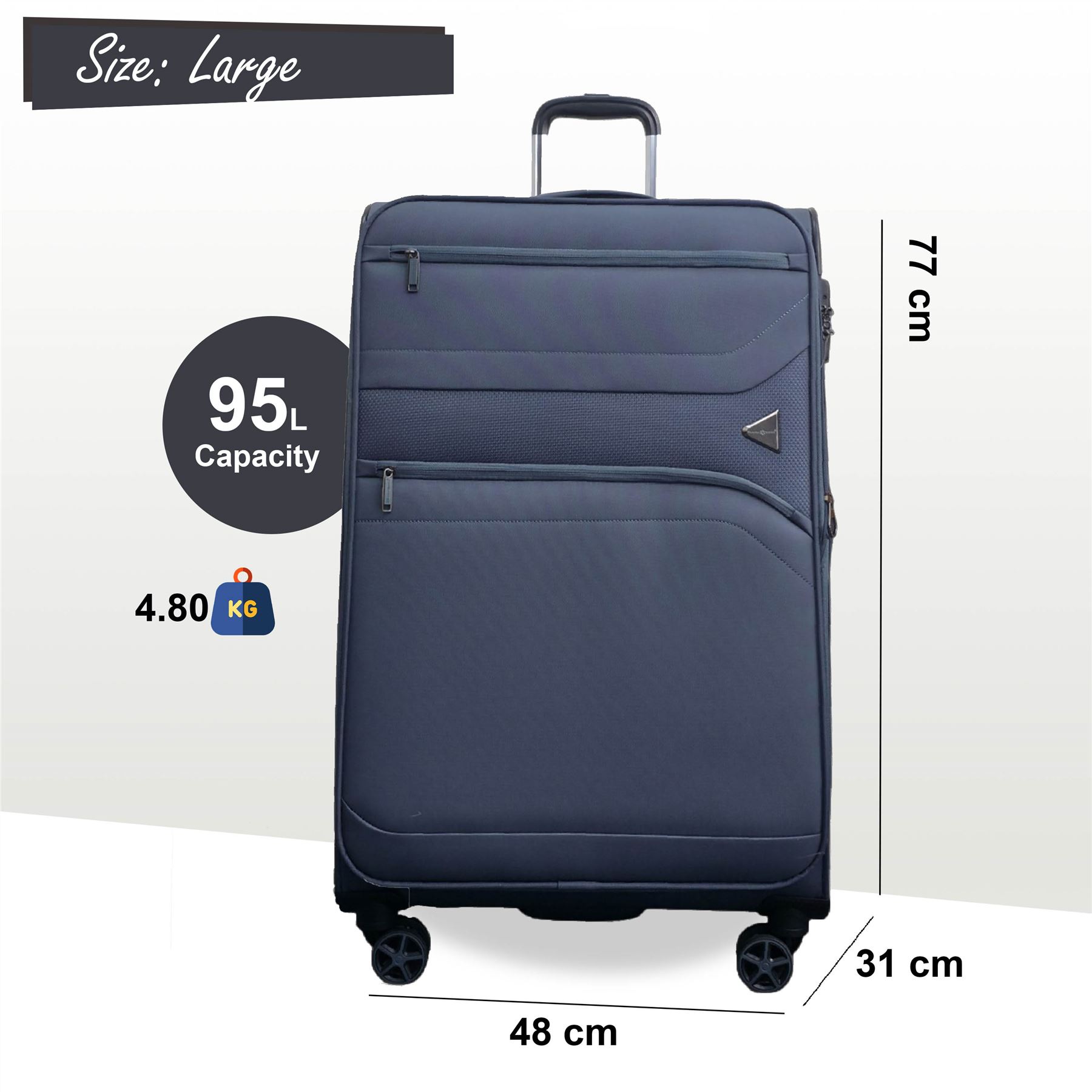 Lightweight Grey Soft Shell Suitcase 8 Wheel Set Travel Carry On Cabin Bag - Picture 7 of 29