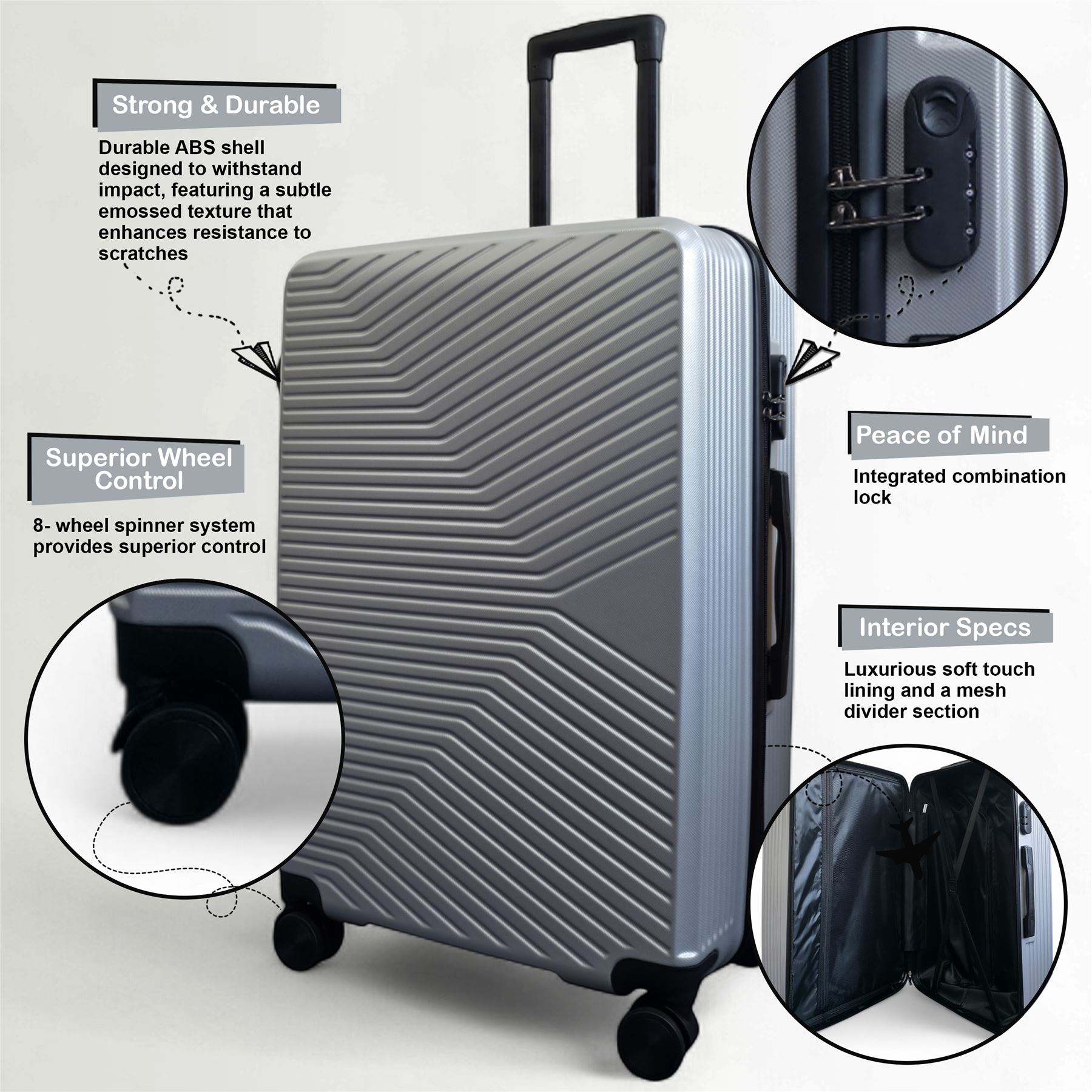 Strong Silver Hardshell Set Dual 4 Wheel ABS Trolley Cabin Suitcase - Picture 12 of 31