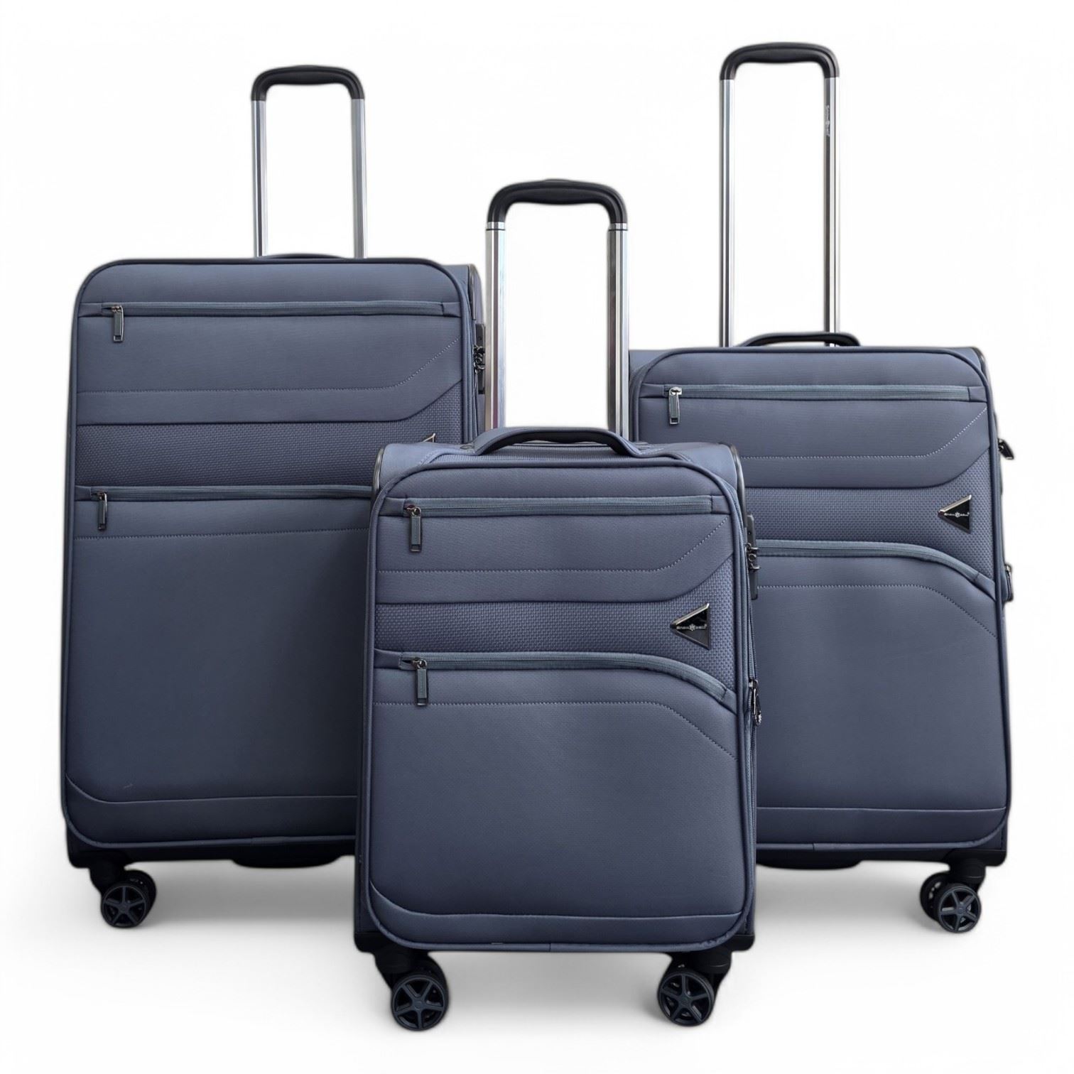 Lightweight Grey Soft Shell Suitcase 8 Wheel Set Travel Carry On Cabin Bag - Picture 24 of 29