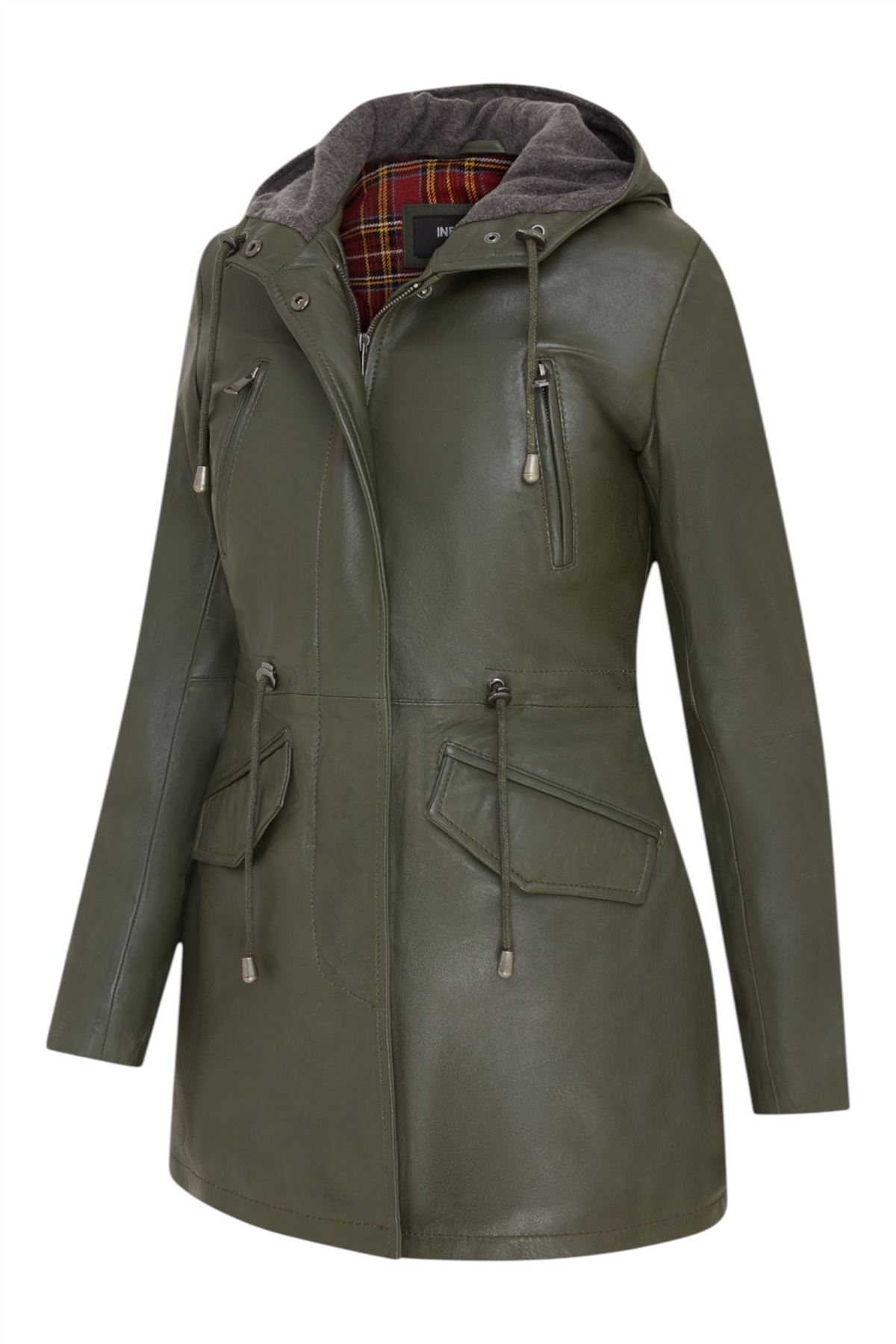 Women's Leather Hooded Parker Jacket Multi-Pocket Trench Coat - Picture 22 of 26