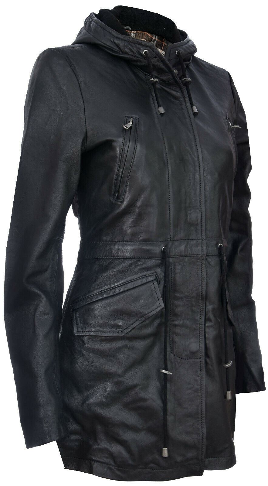 Women's Leather Hooded Parker Jacket Multi-Pocket Trench Coat - Picture 4 of 26