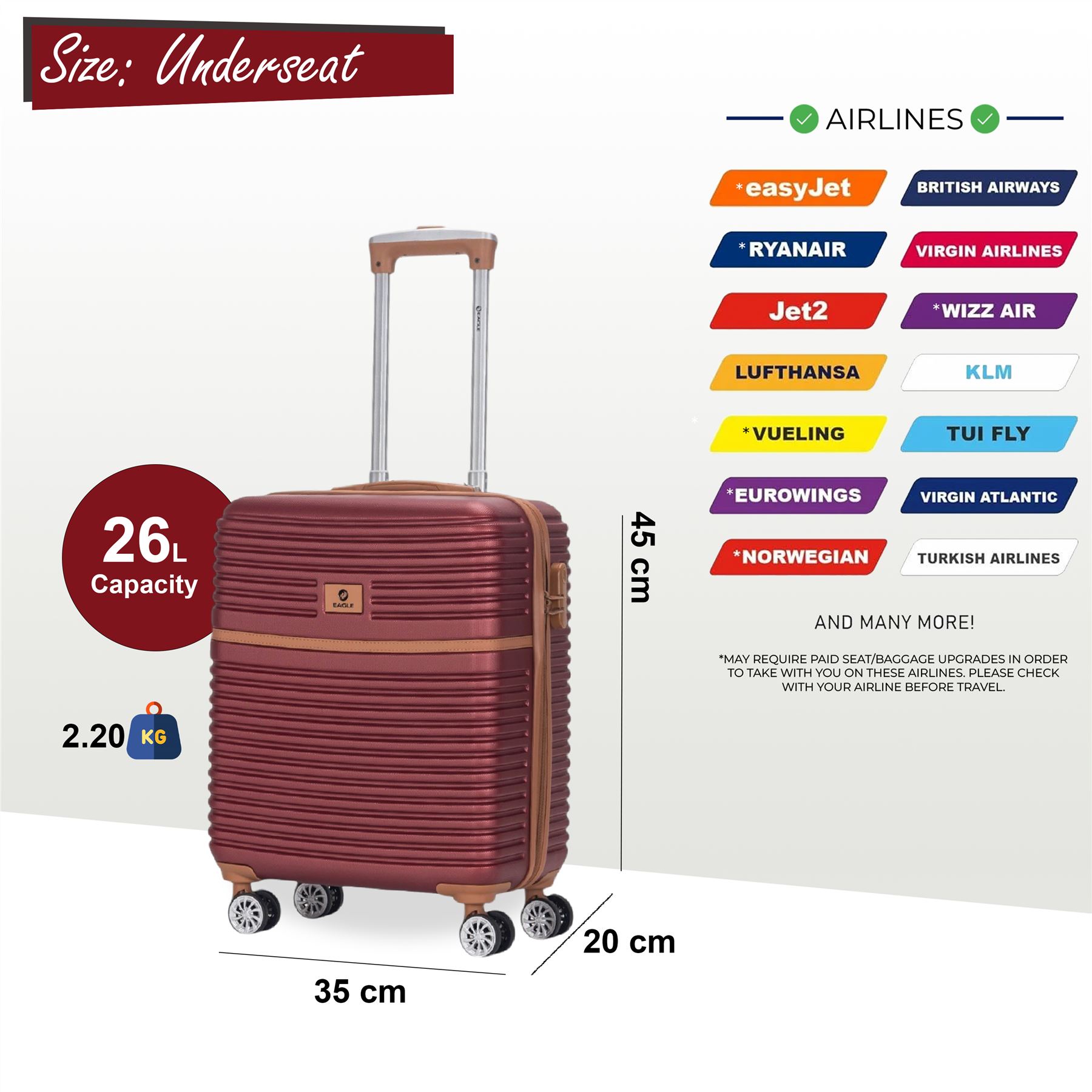 ABS Hardshell Underseat Cabin Suitcase 45 x 35 x 20 cm Suitable for Easyjet - Picture 10 of 51