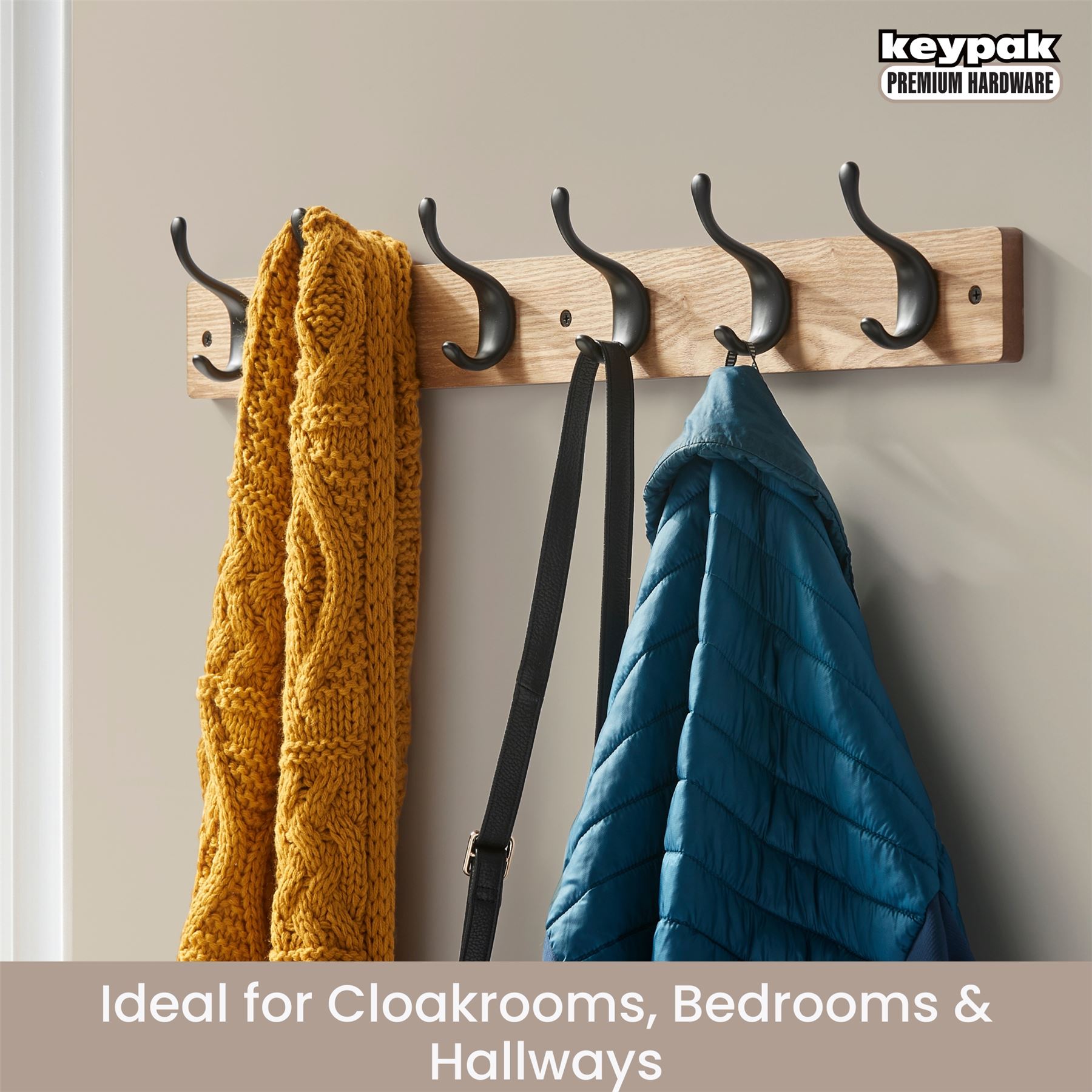 Coat Hooks Wall Mounted Modern Wooden Board with Smooth Metal Coat Hanger - Picture 27 of 40
