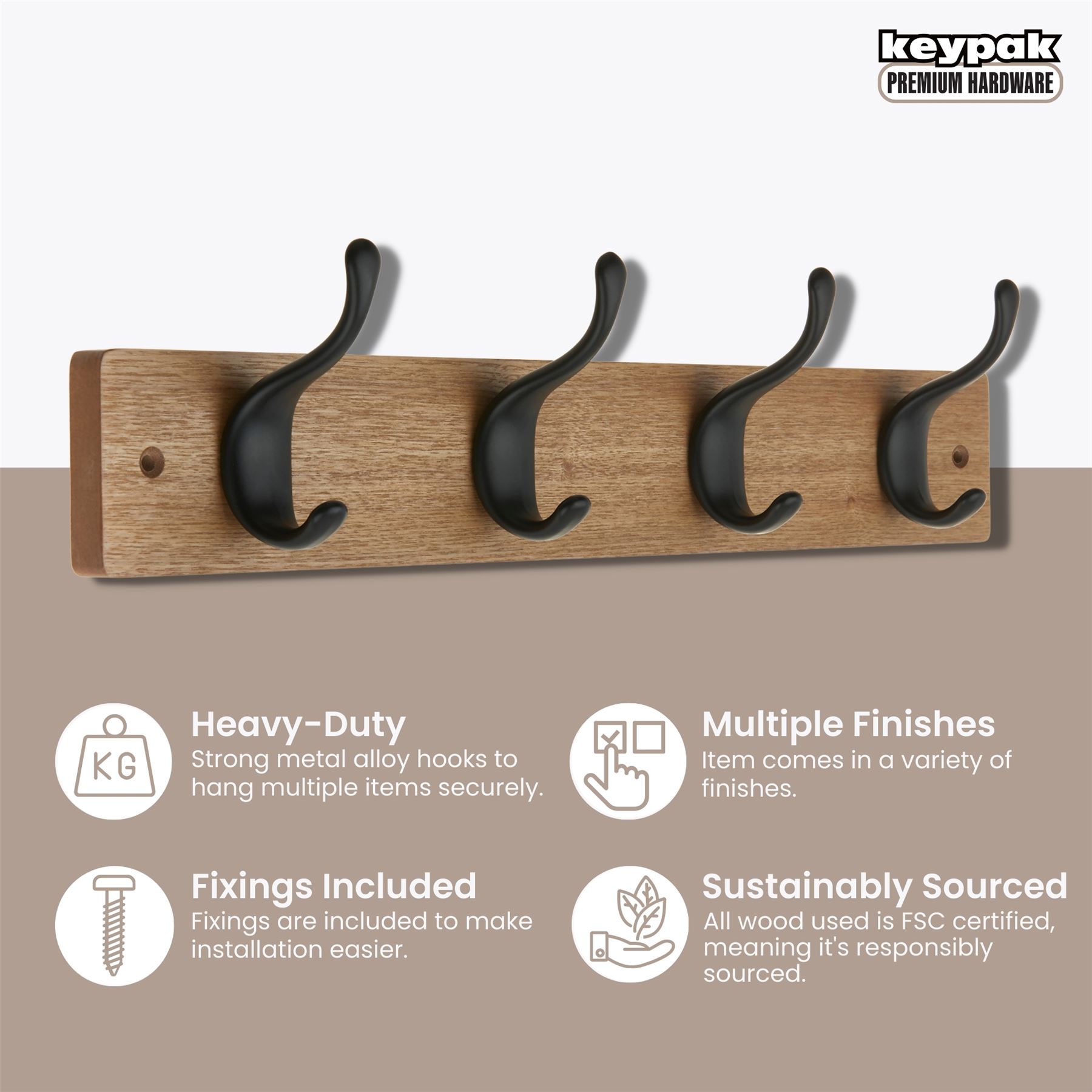 Coat Hooks Wall Mounted Modern Wooden Board with Smooth Metal Coat Hanger - Picture 8 of 40