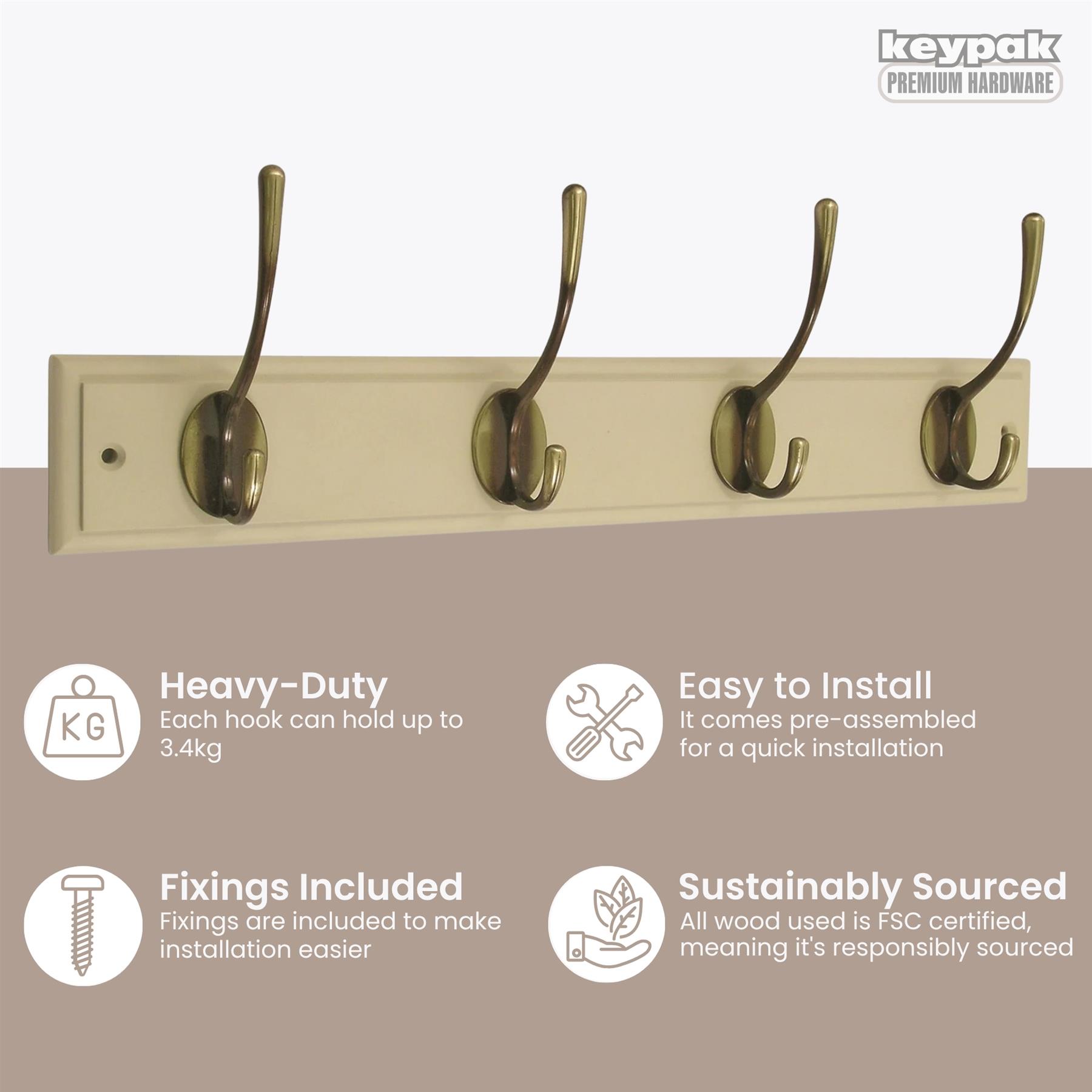 Wall Mounted Coat Rack, Victorian Antique Brass 4 Hook Wooden