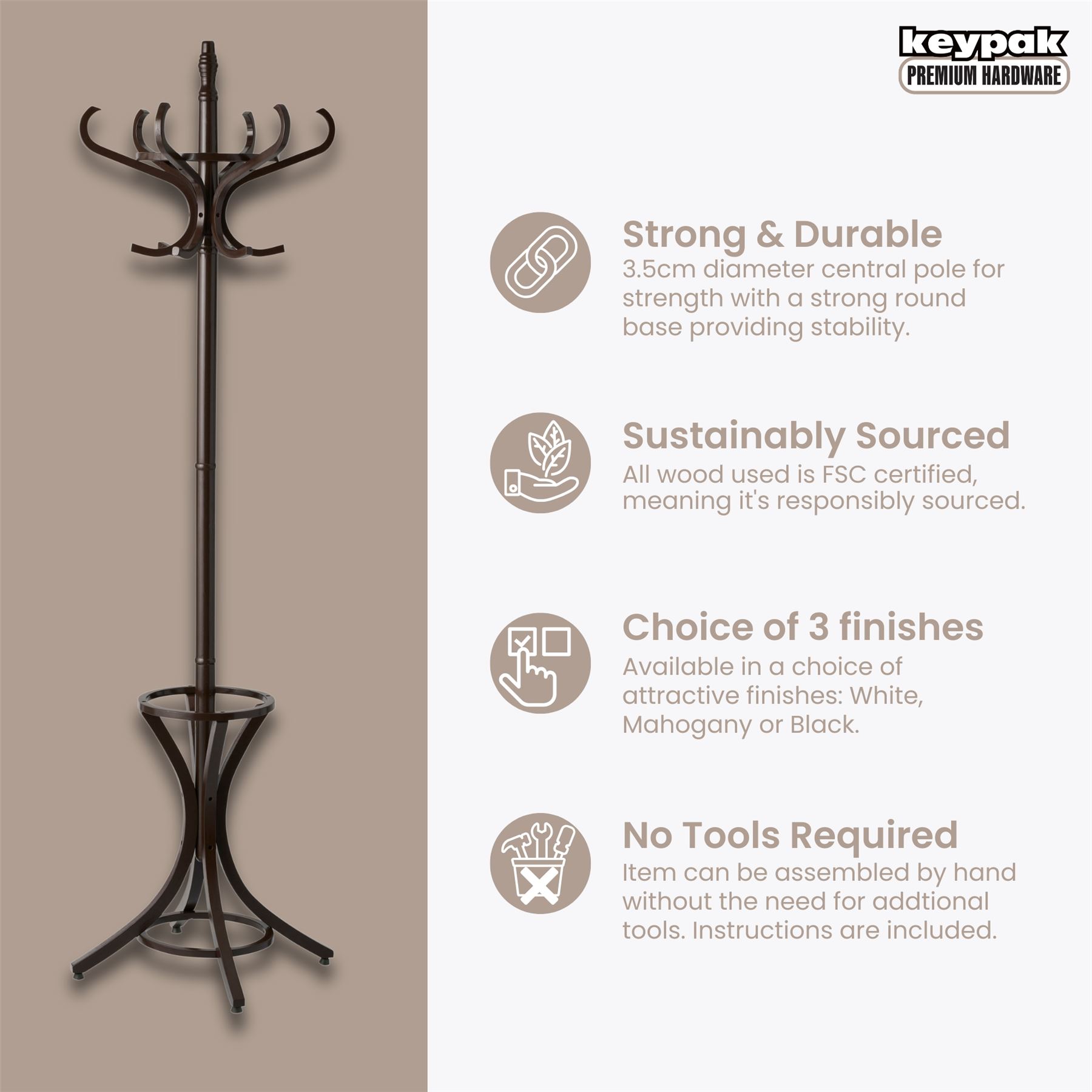 Wooden Hat Coat Stand Umbrella Holder Hallway 185cm Coat Rack Tree, 12 Hooks - Picture 10 of 18