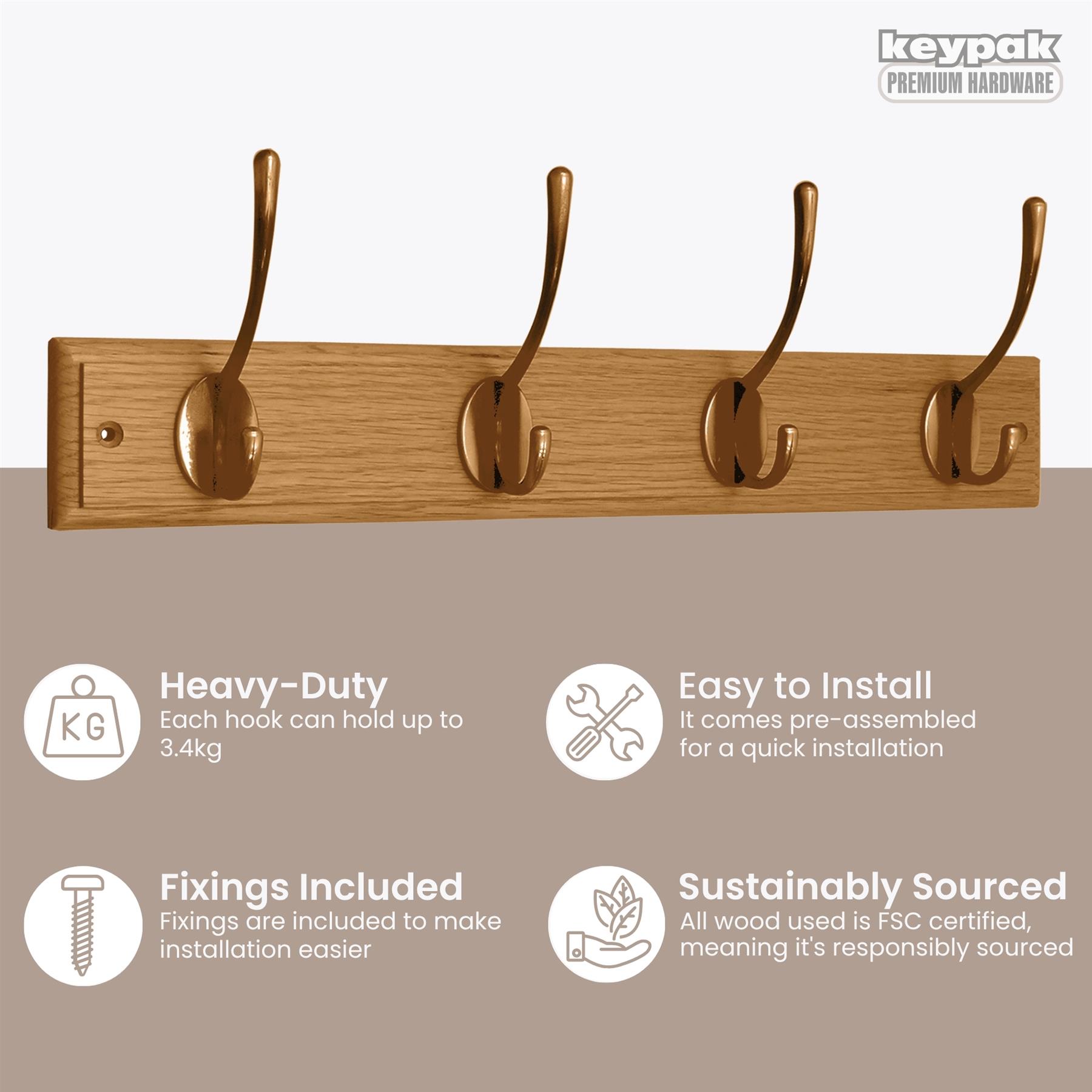 Wall Mounted Coat Rack, Victorian Antique Brass 4 Hook Wooden