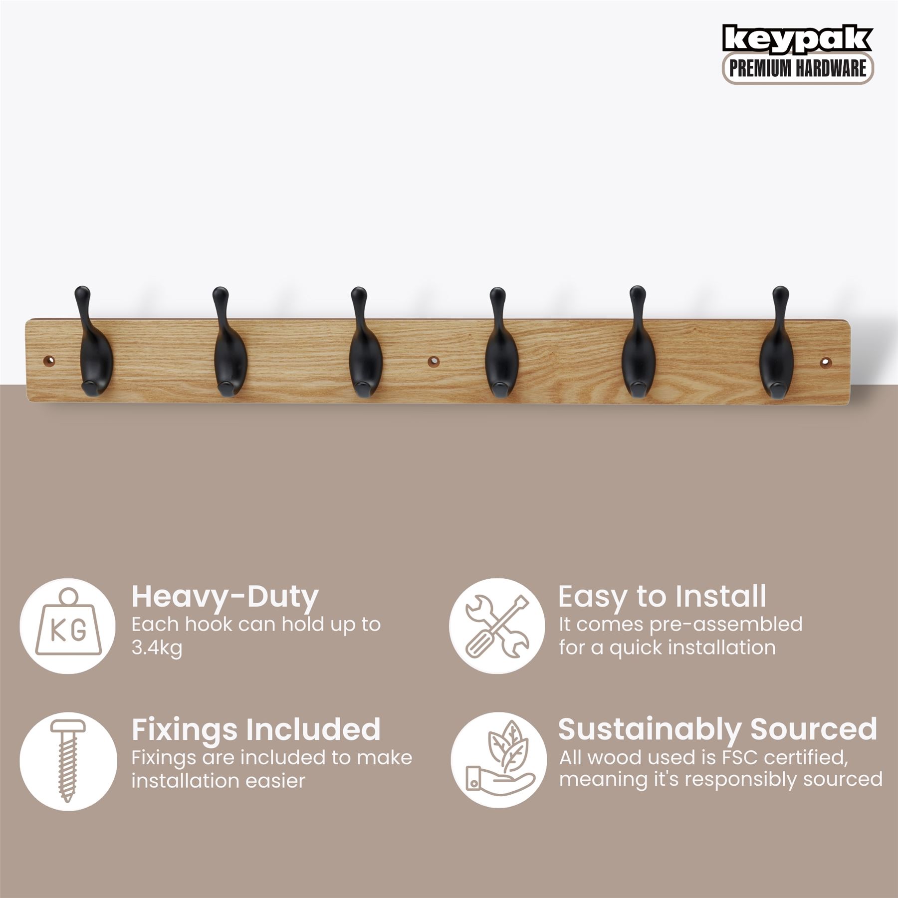 Coat Hooks Wall Mounted Modern Wooden Board with Smooth Metal Coat Hanger - Picture 25 of 40