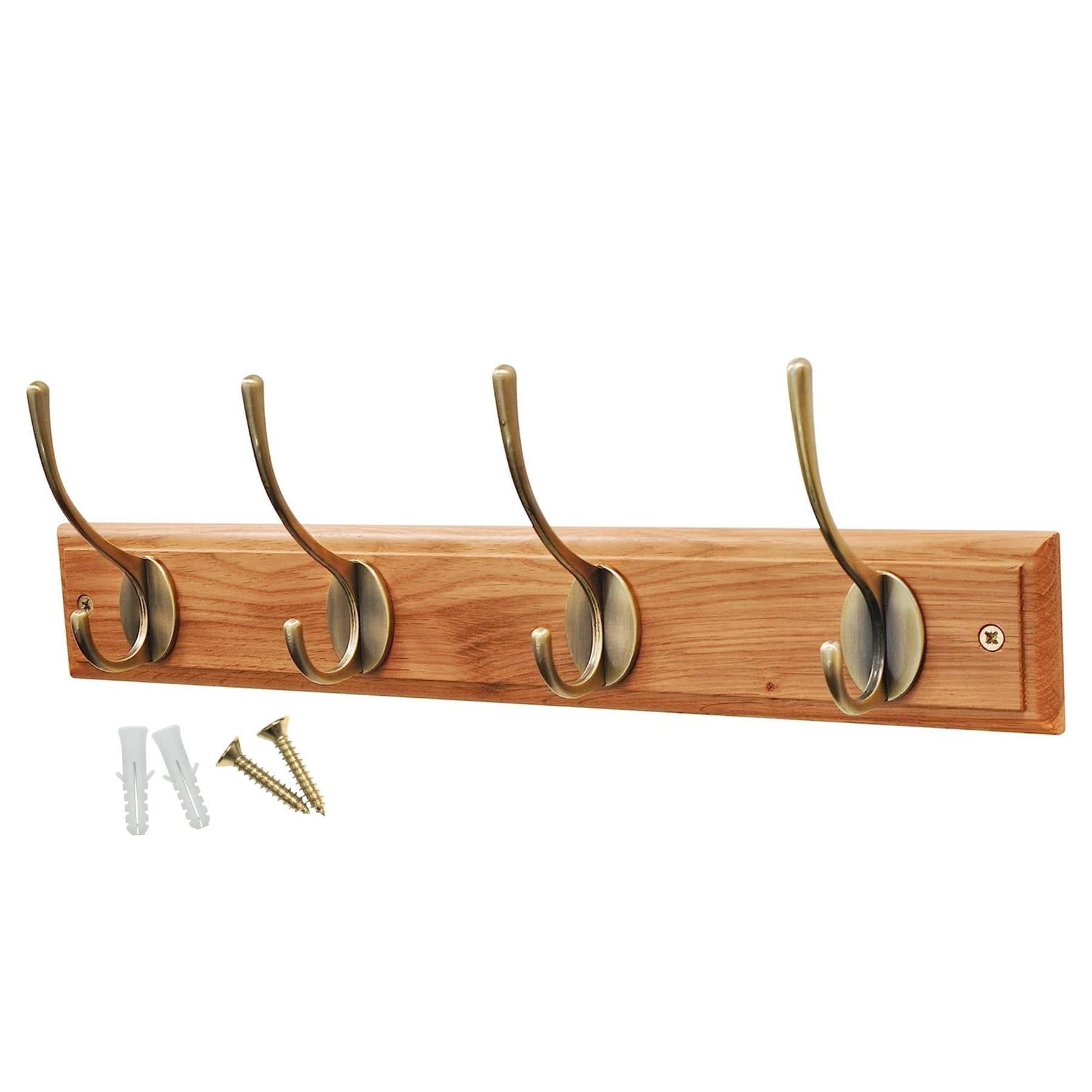 Wall Mounted Coat Rack, Victorian Antique Brass 4 Hook Wooden