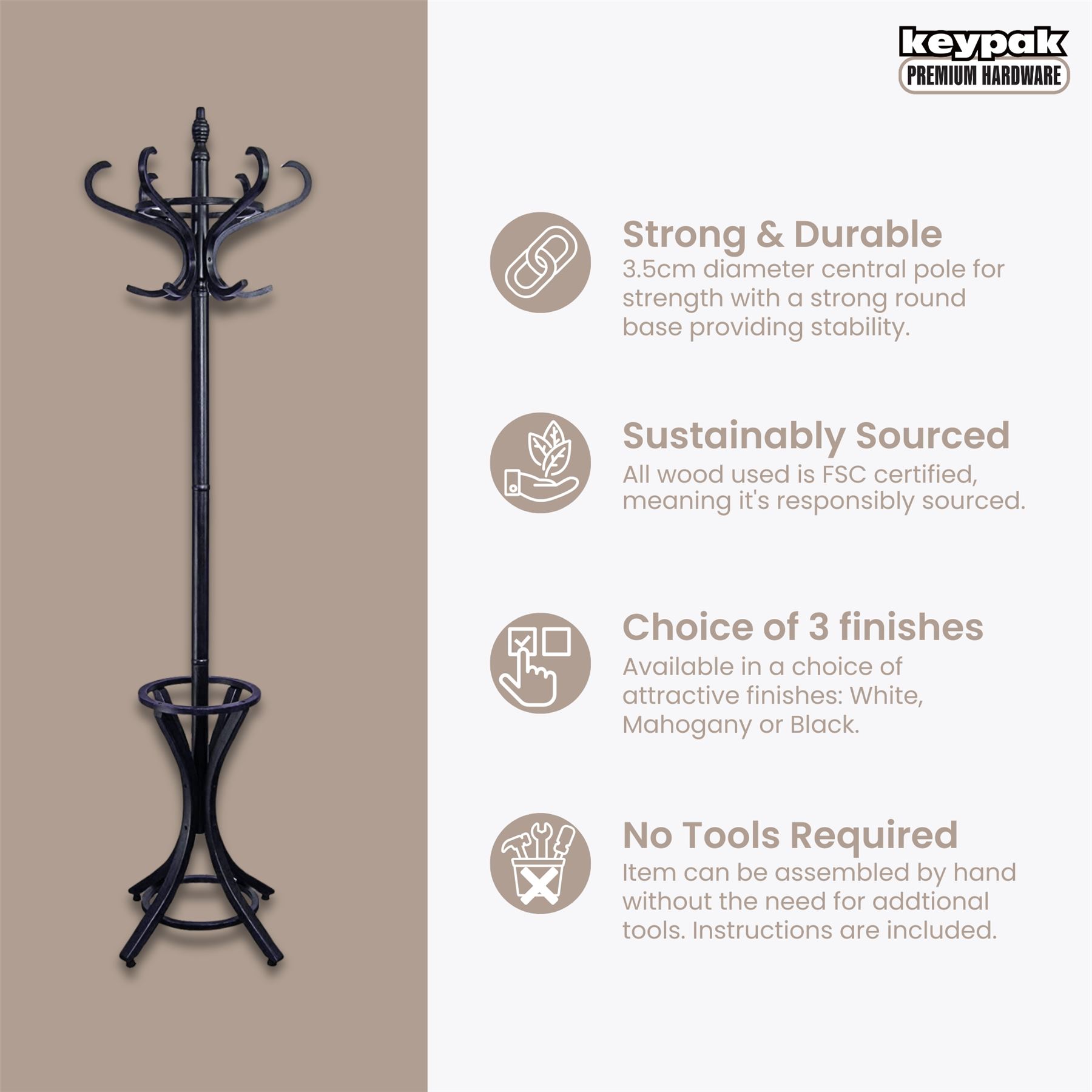 Wooden Hat Coat Stand Umbrella Holder Hallway 185cm Coat Rack Tree, 12 Hooks - Picture 4 of 18