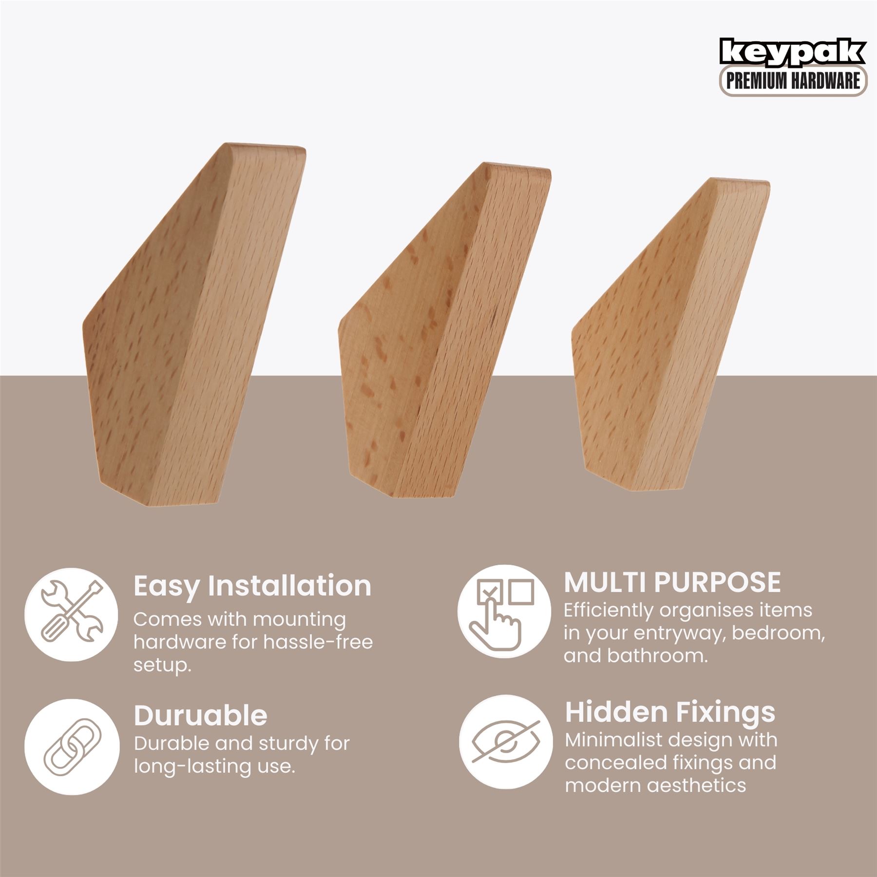 Coat Hooks Wooden Hooks 3 x Screw-In Wall Hangers Wall Hooks Coat & Towel Hook - Picture 3 of 11