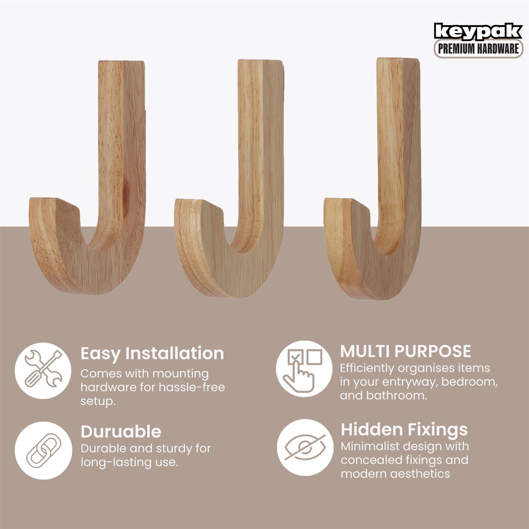 Coat Hooks Wooden Hooks 3 x Screw-In Wall Hangers Wall Hooks Coat & Towel Hook - Picture 8 of 11