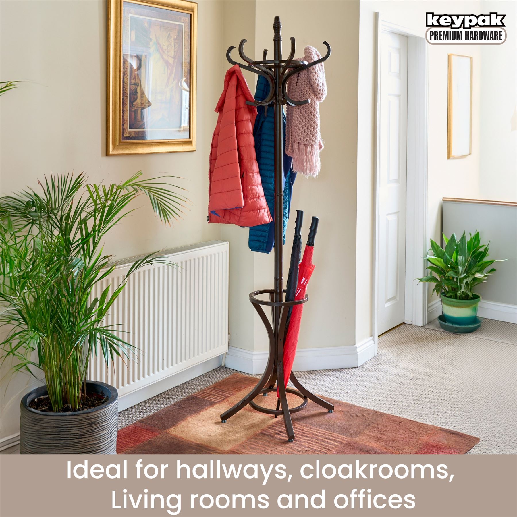 Wooden Hat Coat Stand Umbrella Holder Hallway 185cm Coat Rack Tree, 12 Hooks - Picture 12 of 18