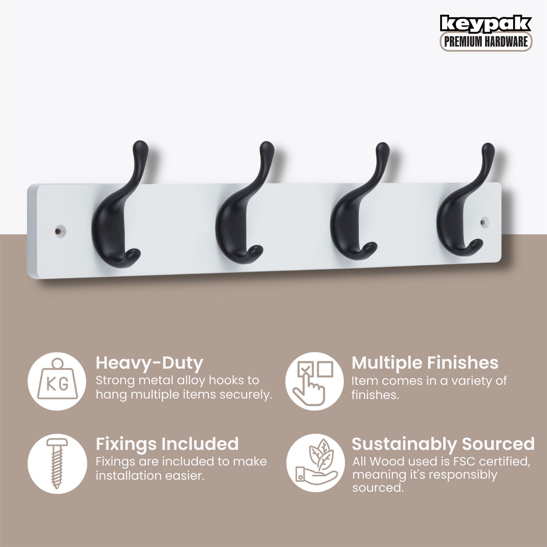 Coat Hooks Wall Mounted Modern Wooden Board with Smooth Metal Coat Hanger - Picture 17 of 40