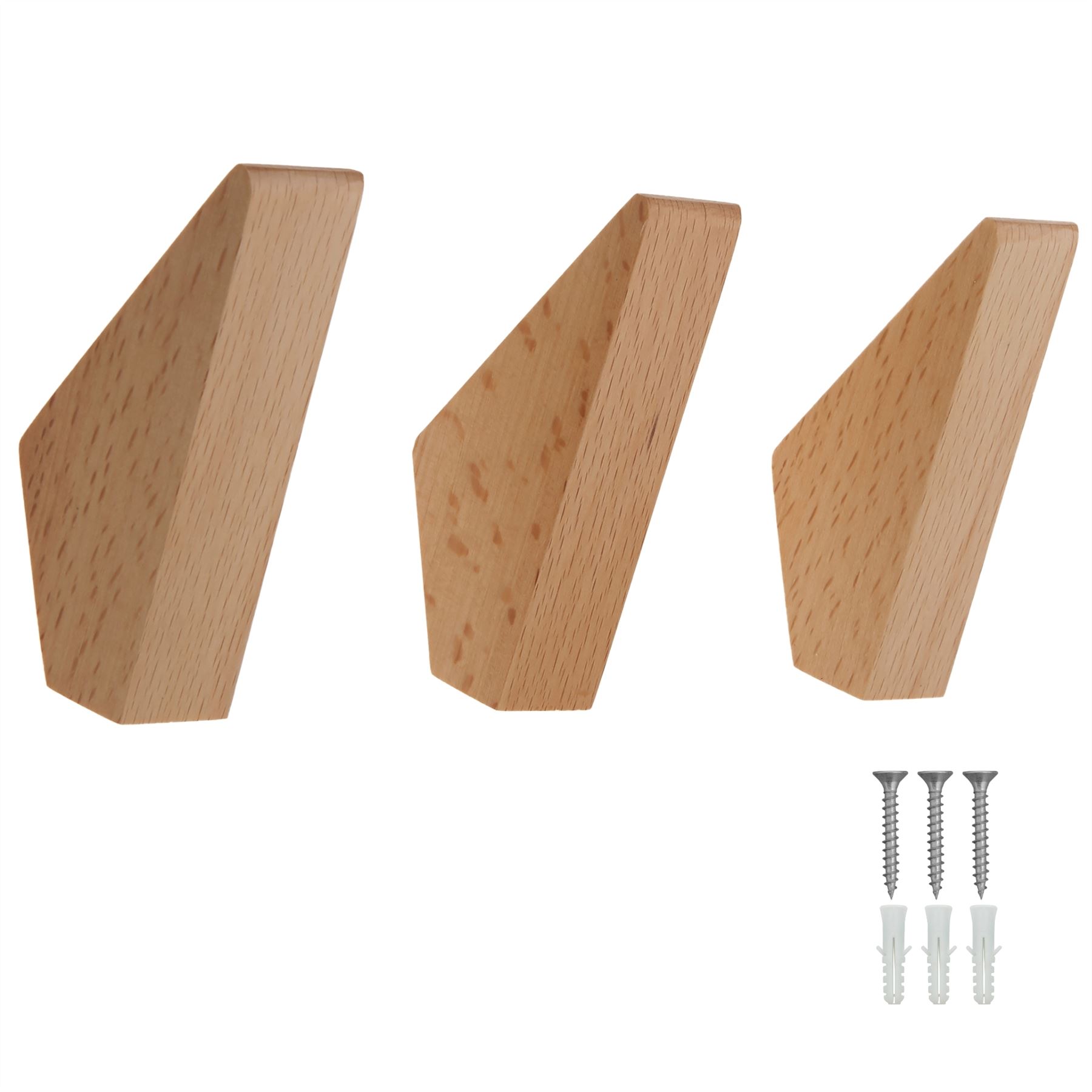 Coat Hooks Wooden Hooks 3 x Screw-In Wall Hangers Wall Hooks Coat & Towel Hook - Picture 2 of 11