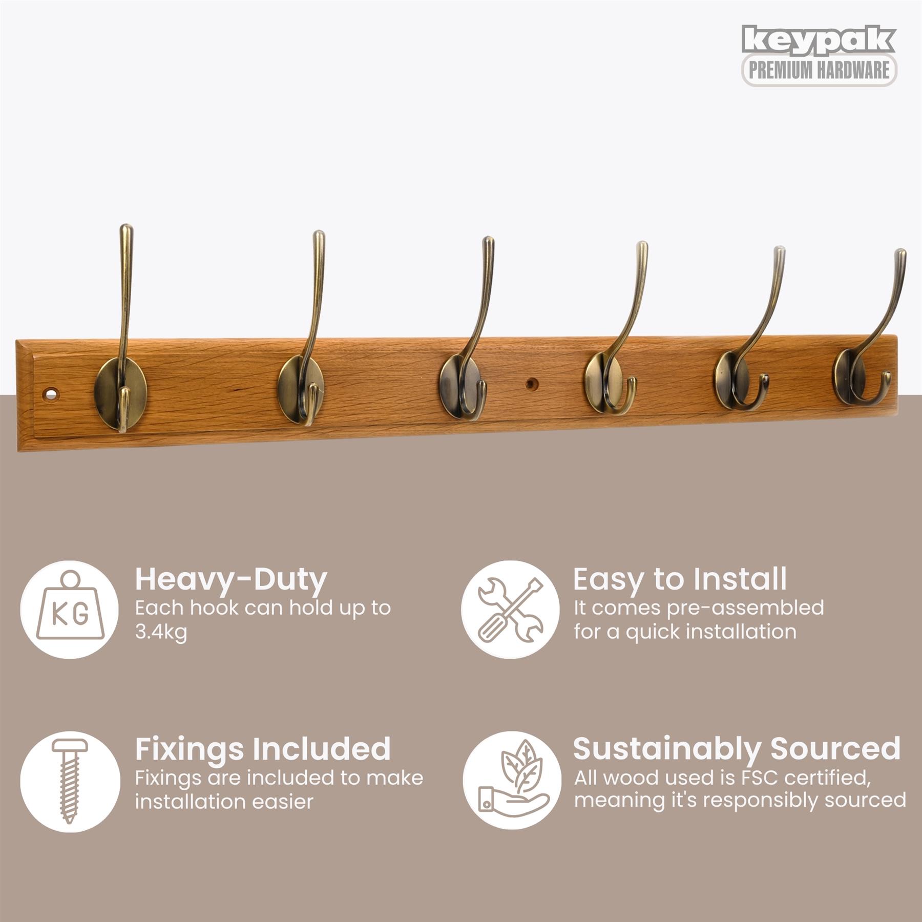 Wall Mounted Coat Rack, Victorian Antique Brass 4 Hook Wooden