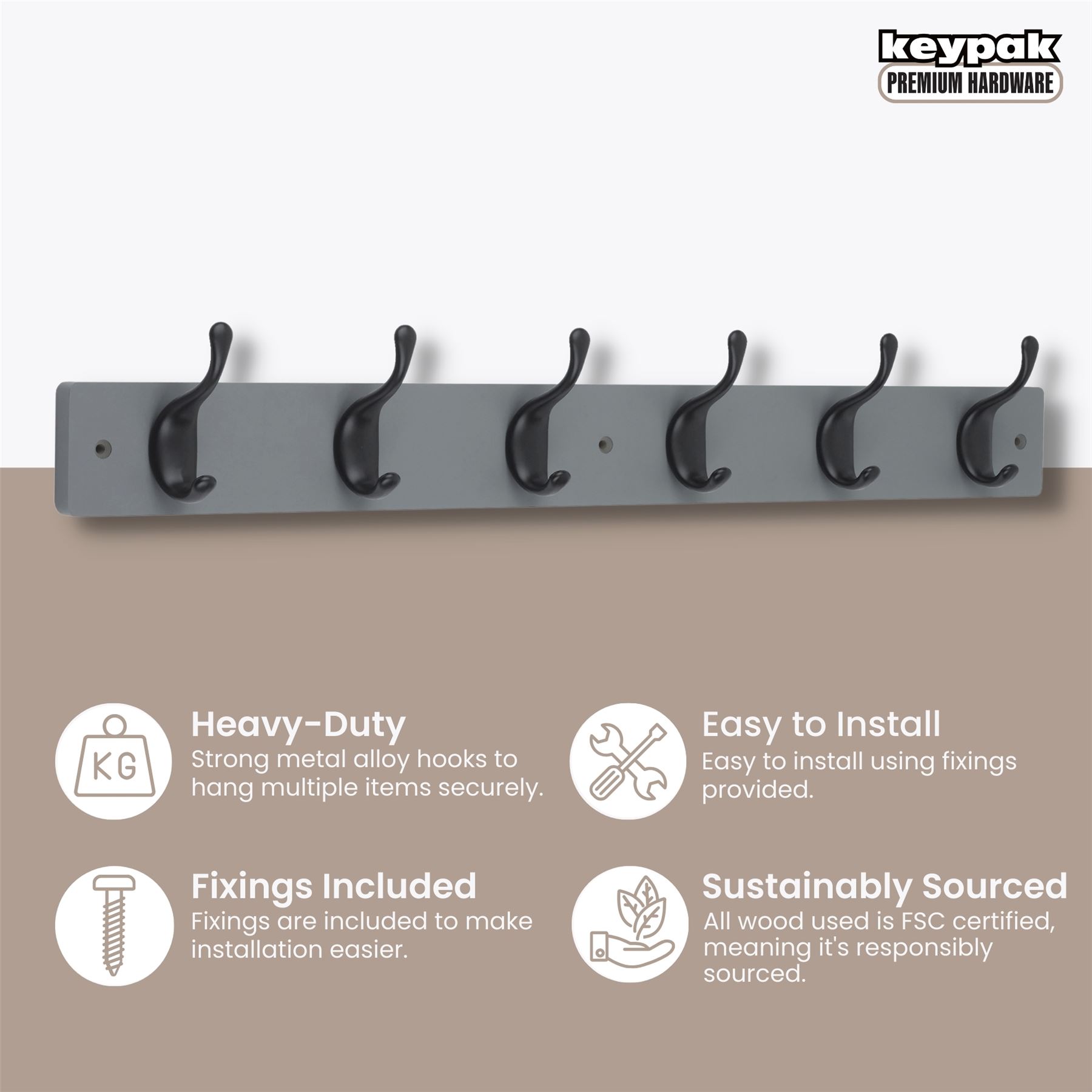 Coat Hooks Wall Mounted Modern Wooden Board with Smooth Metal Coat Hanger - Picture 30 of 40