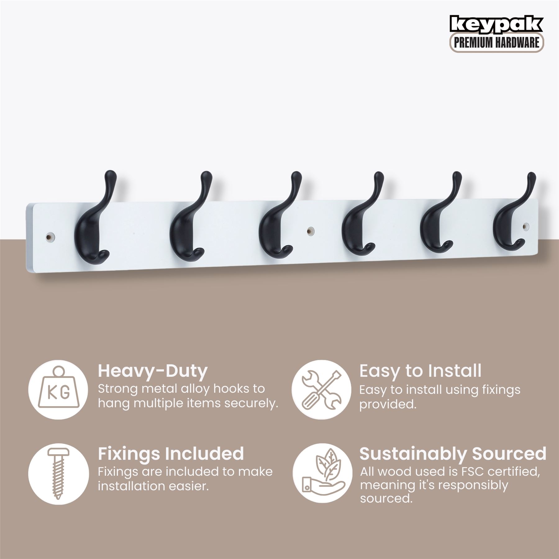 Coat Hooks Wall Mounted Modern Wooden Board with Smooth Metal Coat Hanger - Picture 34 of 40