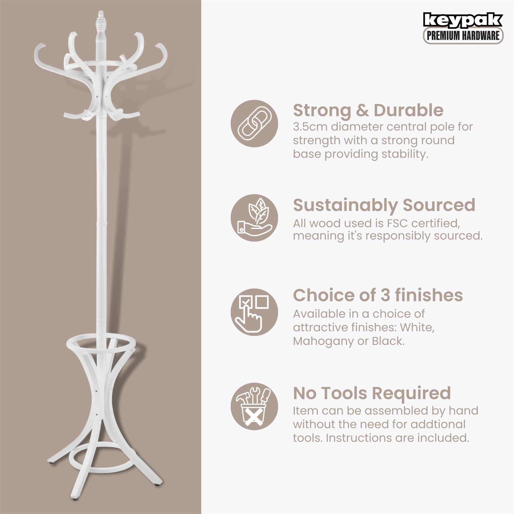 Wooden Hat Coat Stand Umbrella Holder Hallway 185cm Coat Rack Tree, 12 Hooks - Picture 15 of 18