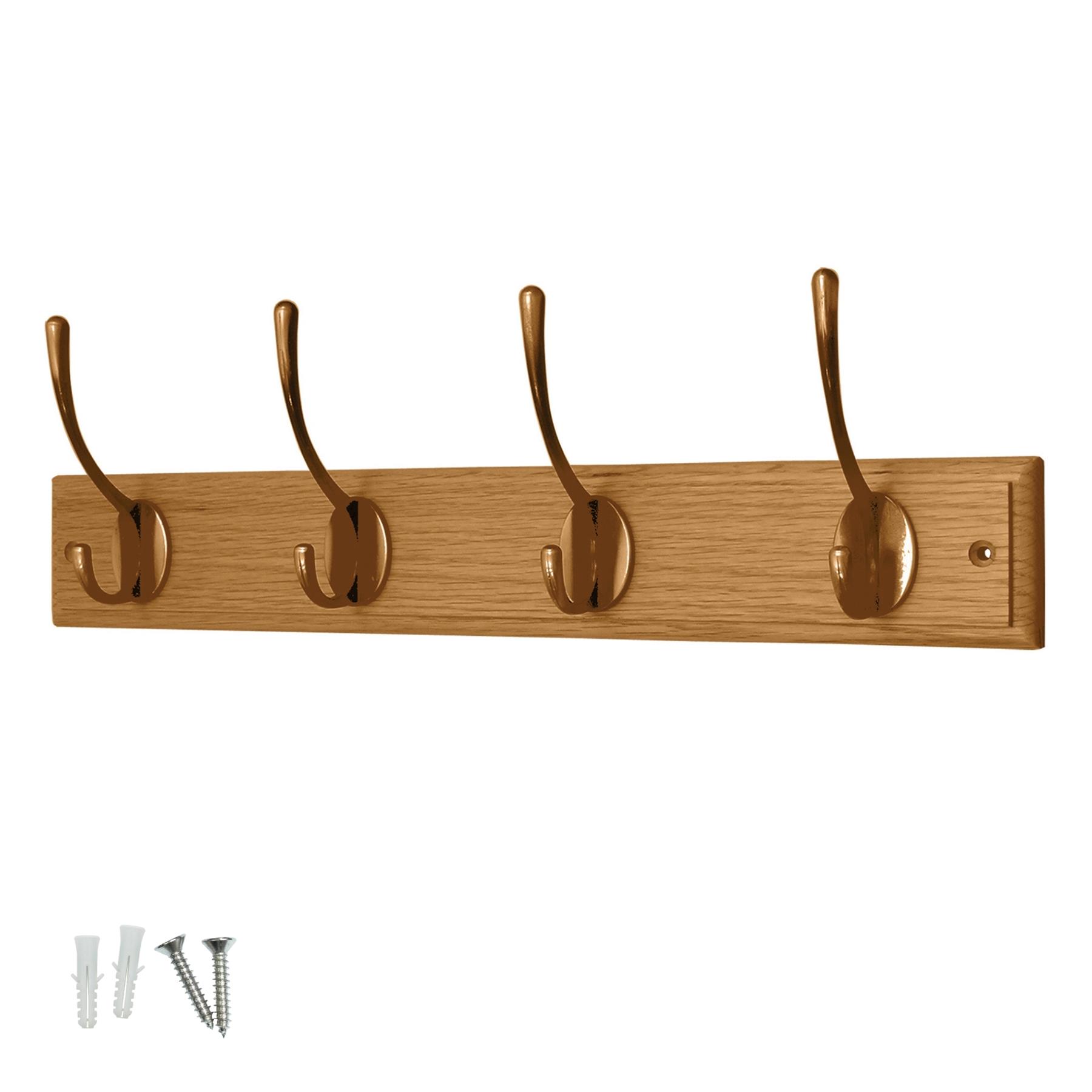 Wall Mounted Coat Rack, Victorian Antique Brass 4 Hook Wooden