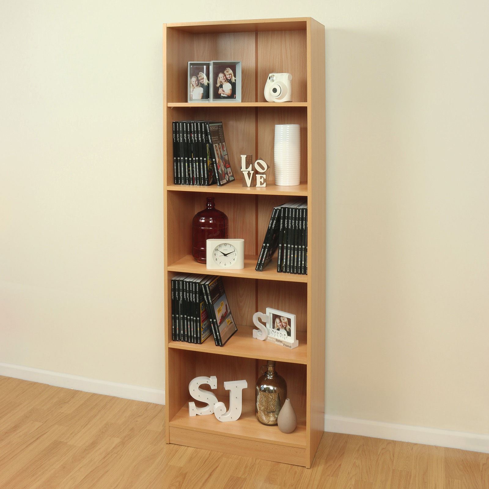 5 TIER SHELF WOODEN STORAGE BEECH EFFECT BOOKCASE DISPLAY HOME