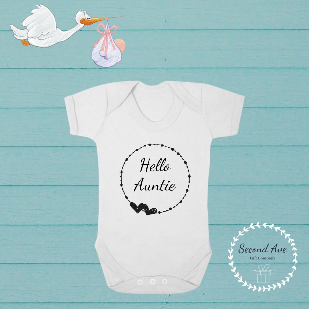 Second Ave Cute Babygrow Vest Baby Reveal Shortsleeve Bodysuit Hello Auntie  Gift | Ebay