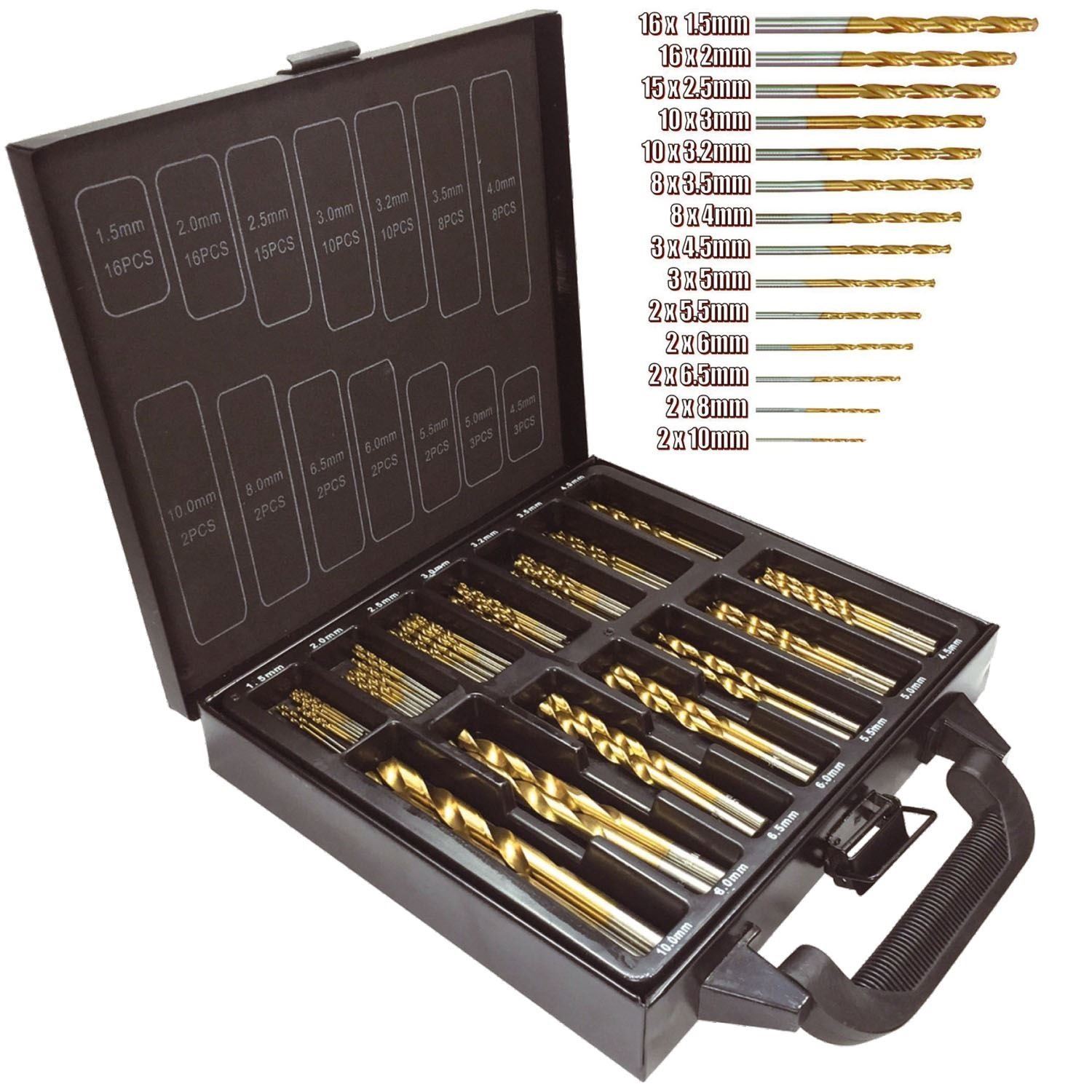 Titanium Coated HSS Drill Bit Set 99 Pc Piece and Case Plastic Wood Metal Kit