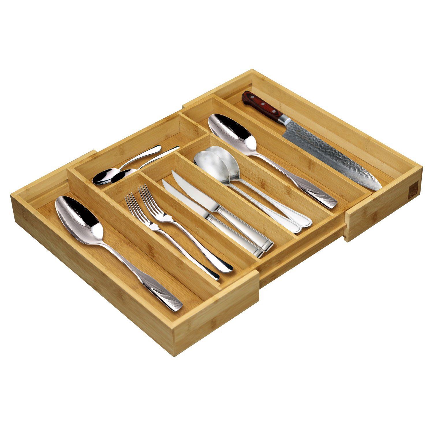 Expandable Bamboo Cutlery Tray with 5 to 7 Compartments, Drawer Insert