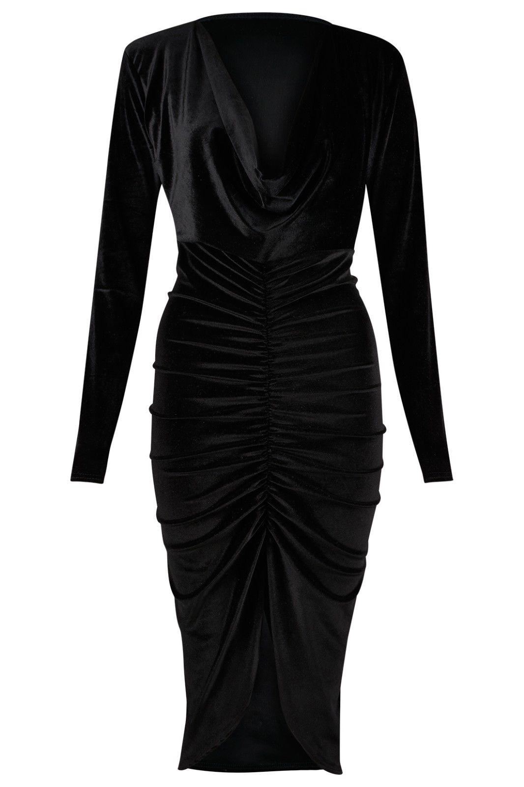 Nuevo Vestido Mediodi de Terciopelo Triturado Cuello con Capucha Damas Frente Largo Fruncido - Imagen 3 de 5