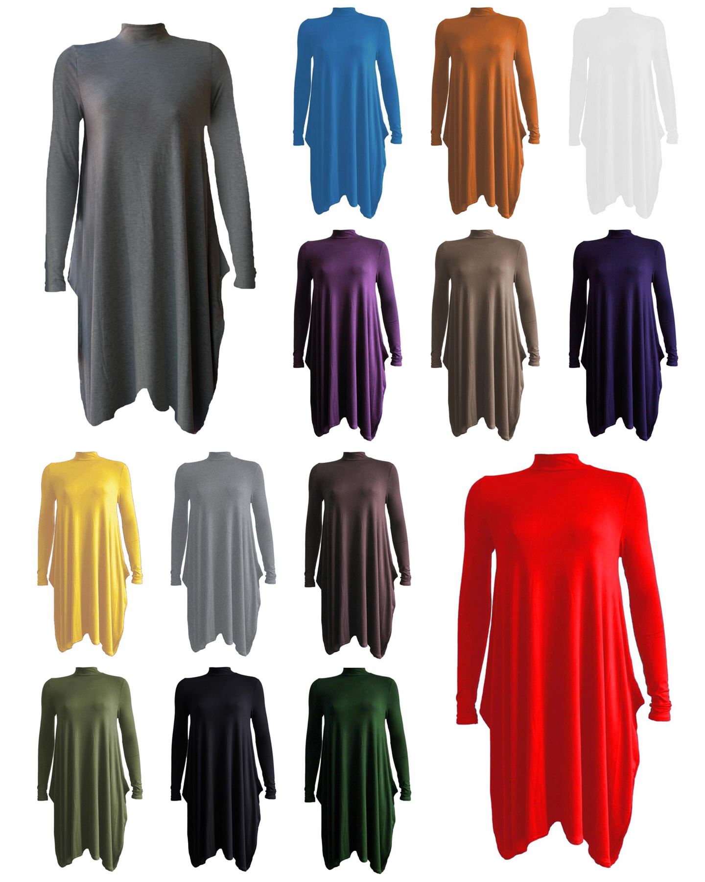 Ladies’s Polo Neck Womens Long Sleeve A Line Skater Hanky Swing Dress Shirt