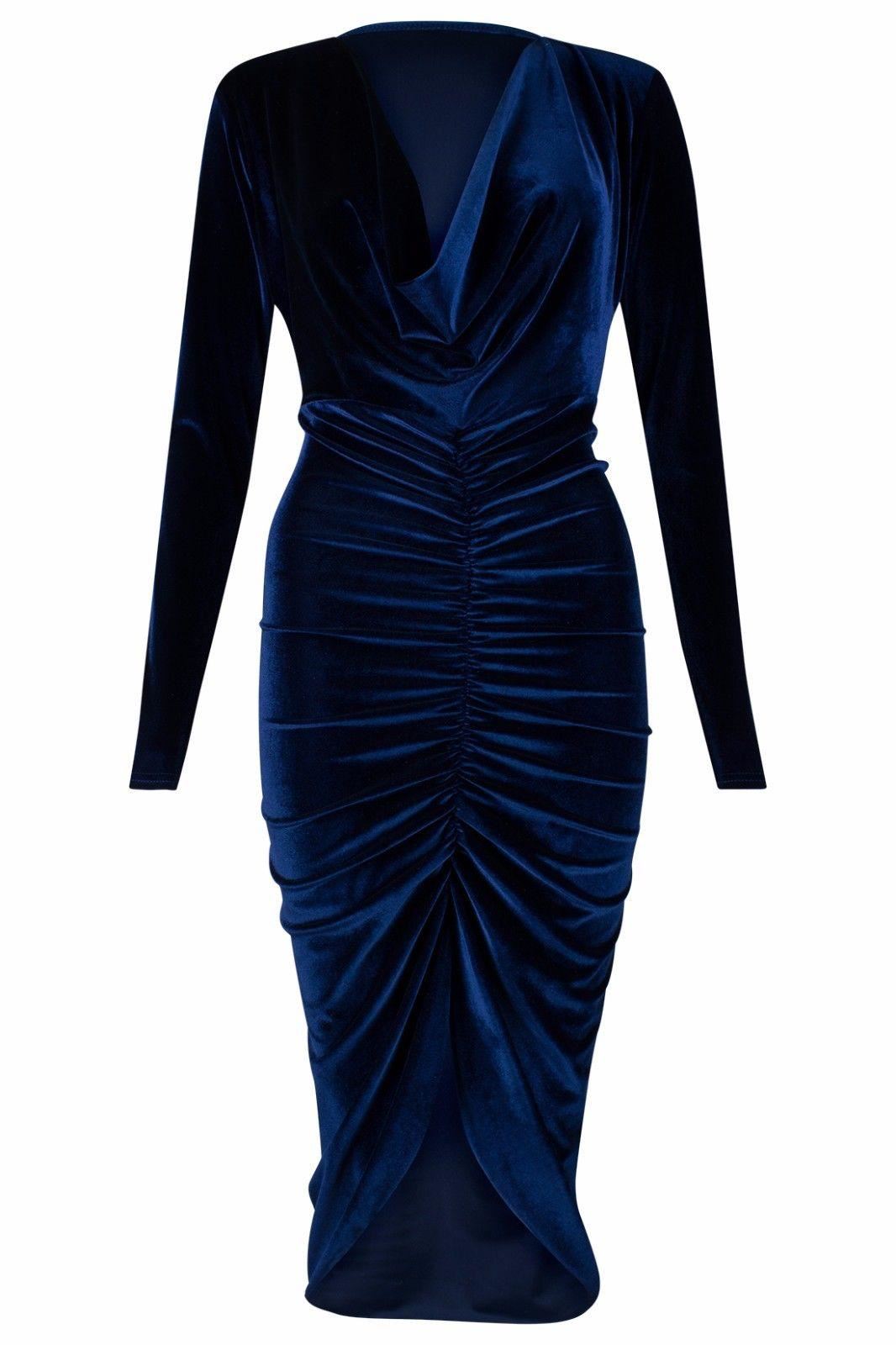 Nuevo Vestido Mediodi de Terciopelo Triturado Cuello con Capucha Damas Frente Largo Fruncido - Imagen 4 de 5