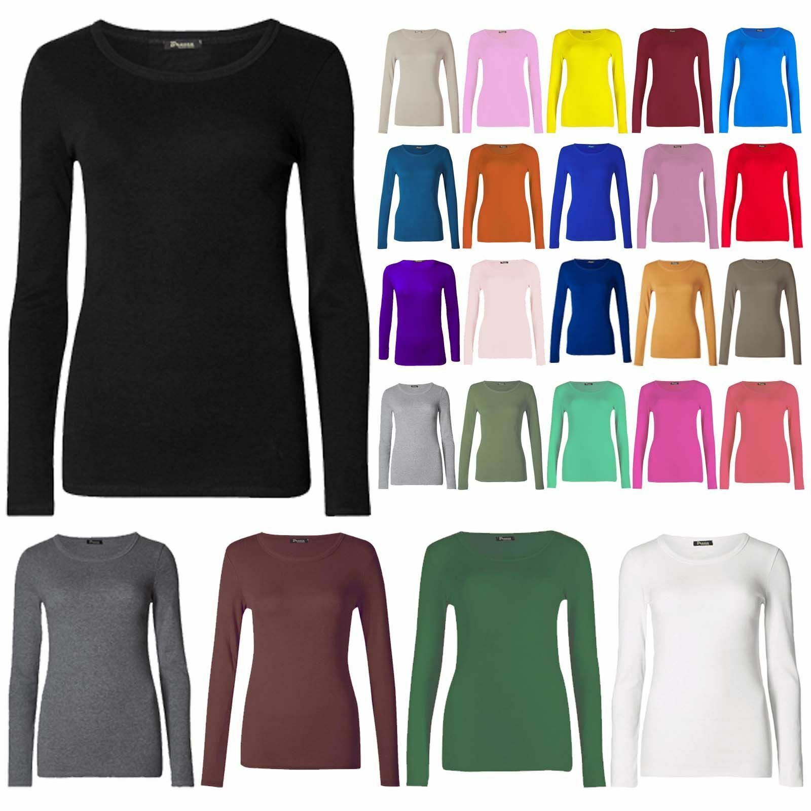 Ladies Plain Long Sleeve Round Neck T Shirt Womens Basic Stretch Top Plus Size