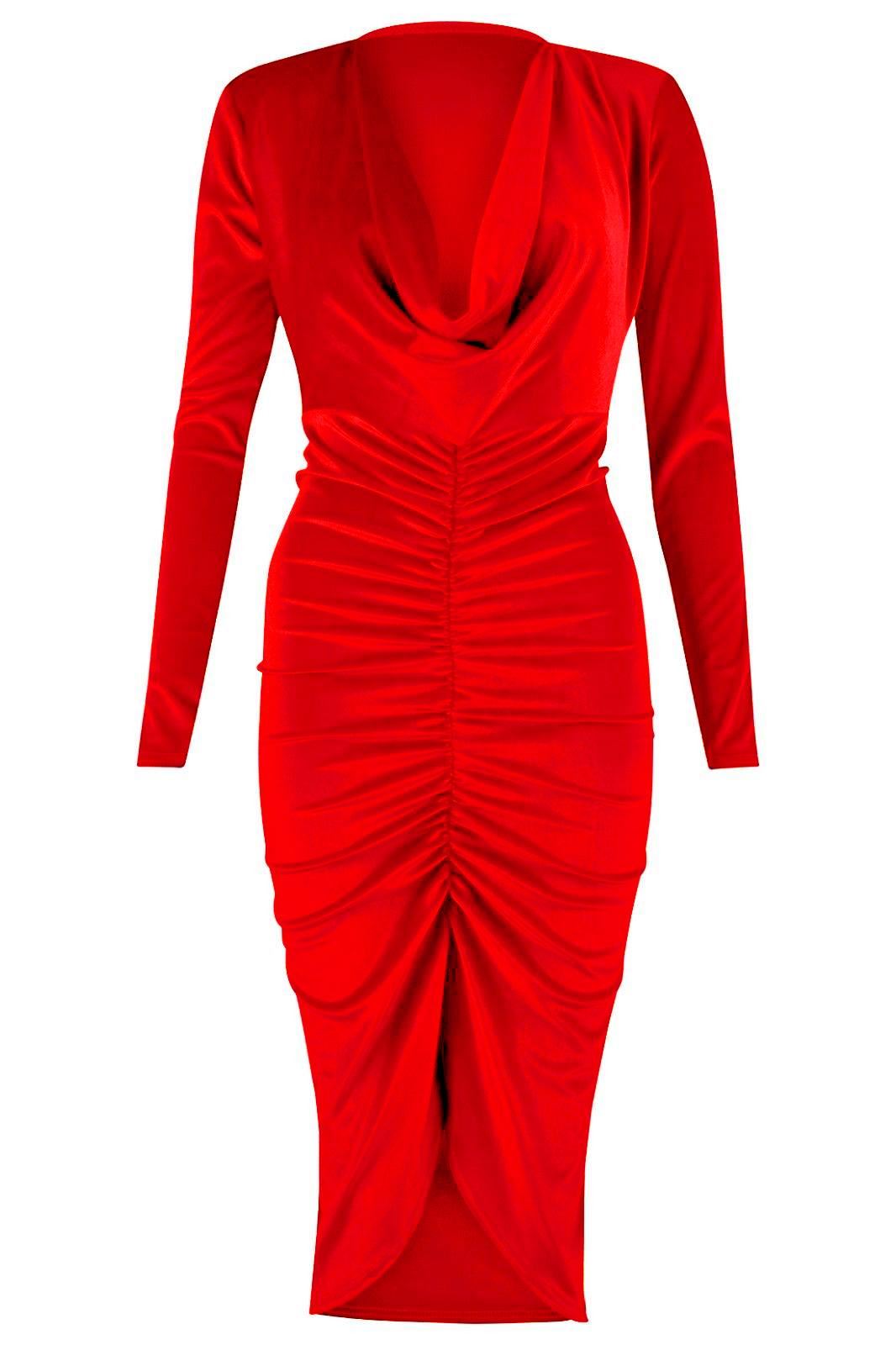 Nuevo Vestido Mediodi de Terciopelo Triturado Cuello con Capucha Damas Frente Largo Fruncido - Imagen 2 de 5